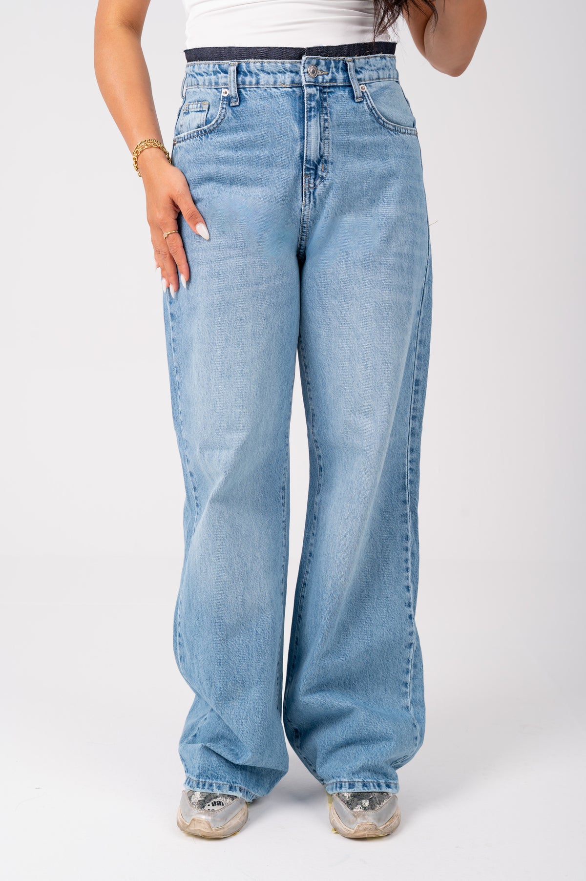 Wide Leg Jeans with Exposed Inner Waistband light blue