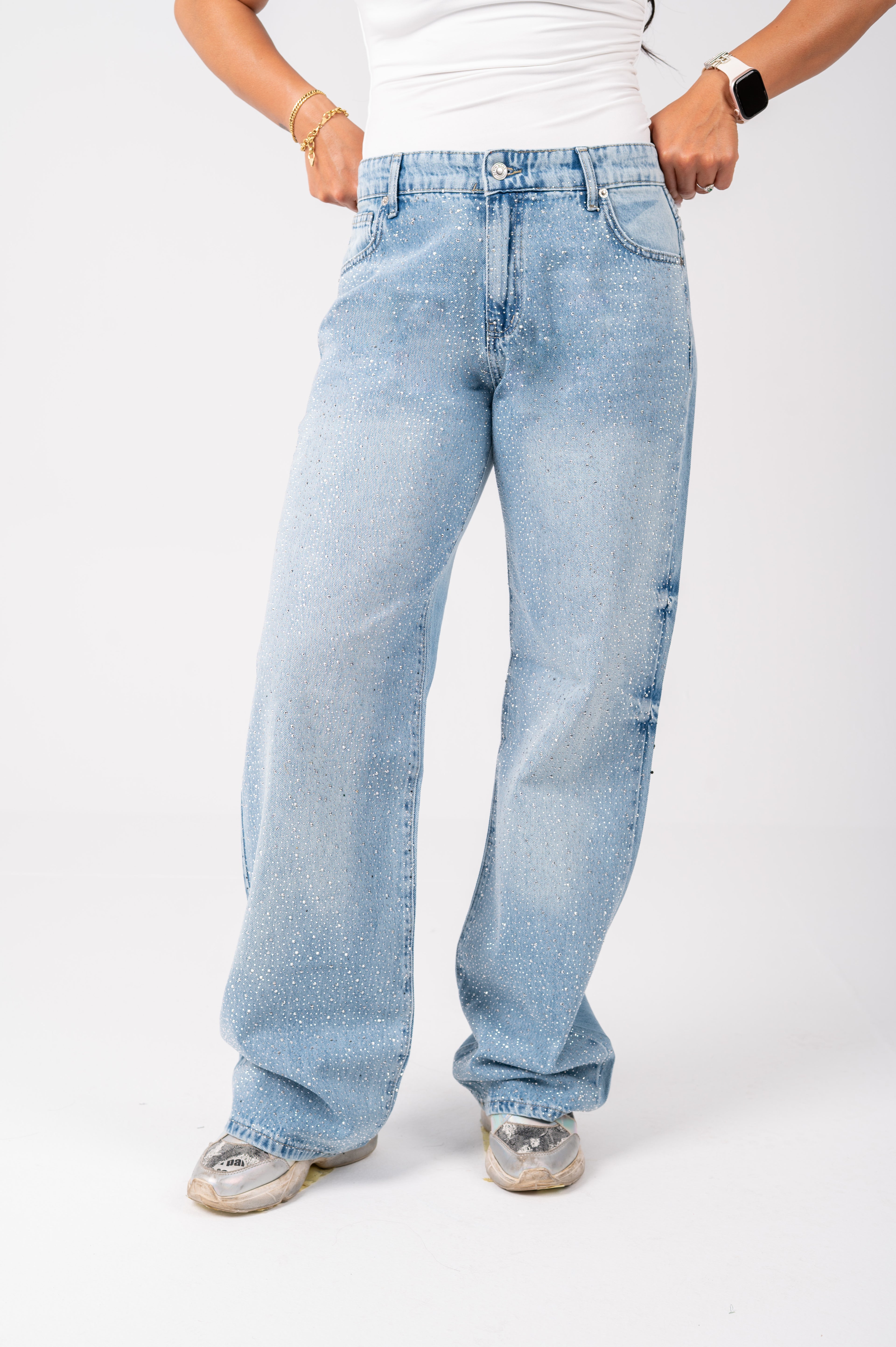 Wide leg Strass jeans with a back studded light blue