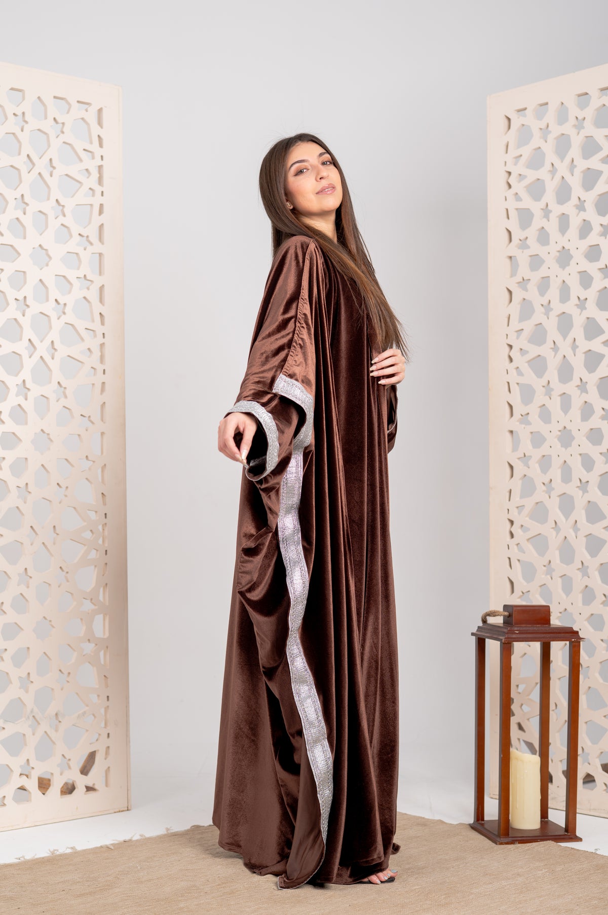 Chocolate Velvet Open Cardigan with Silver Trim & Matching Scarf