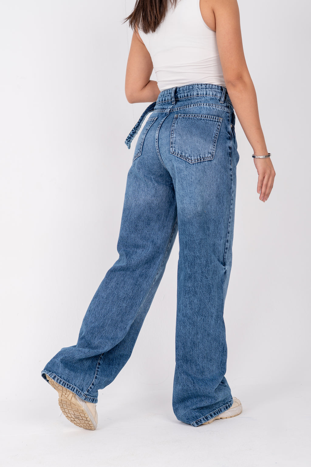 Wide leg jeans with attached belt dark blue