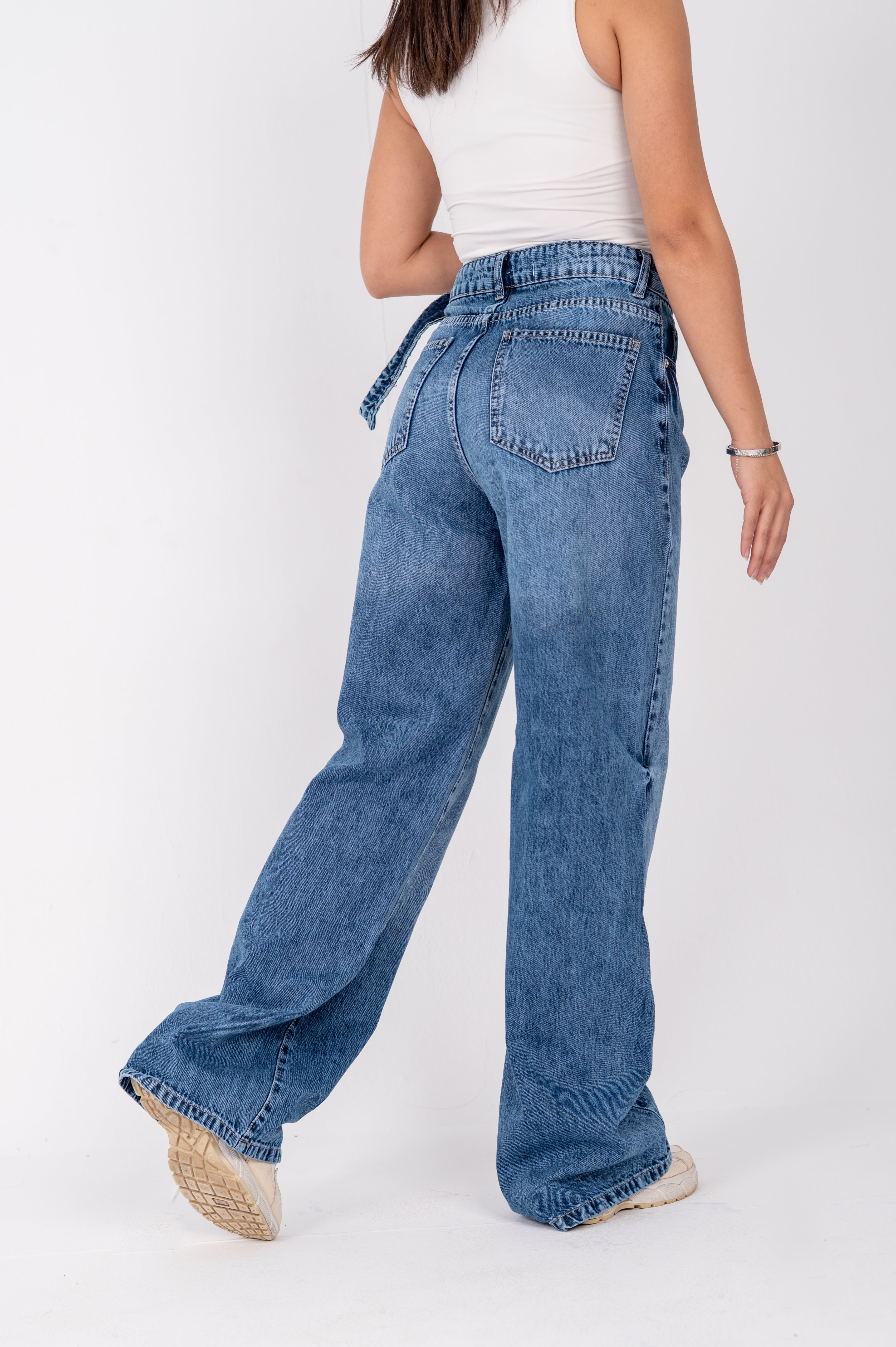 Wide leg jeans with attached belt dark blue