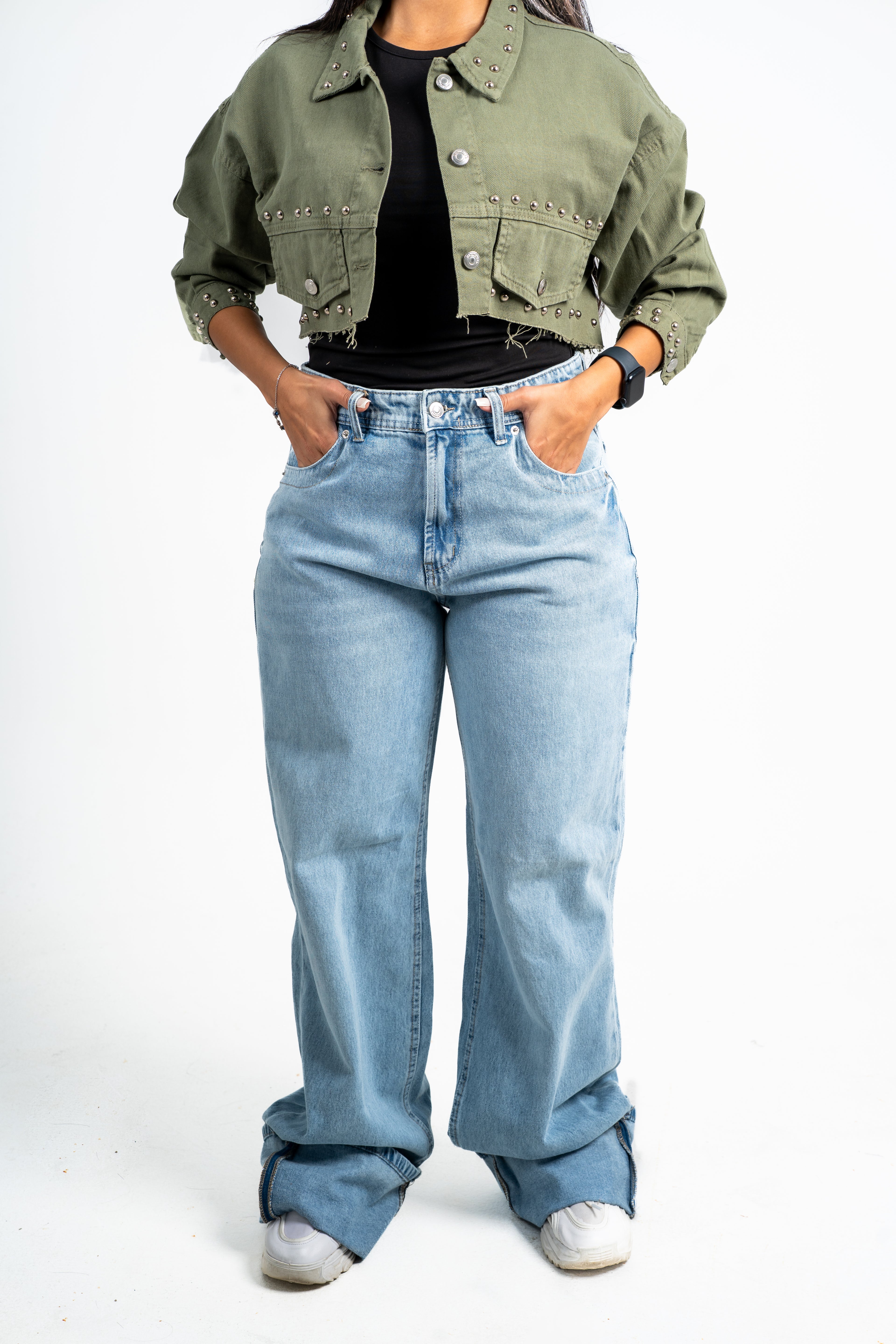 Cuffed wide leg jeans light blue
