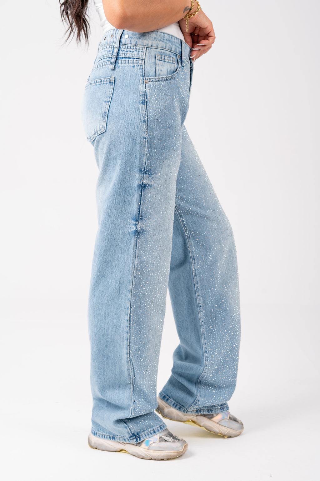 Wide leg Strass jeans with a back studded light blue