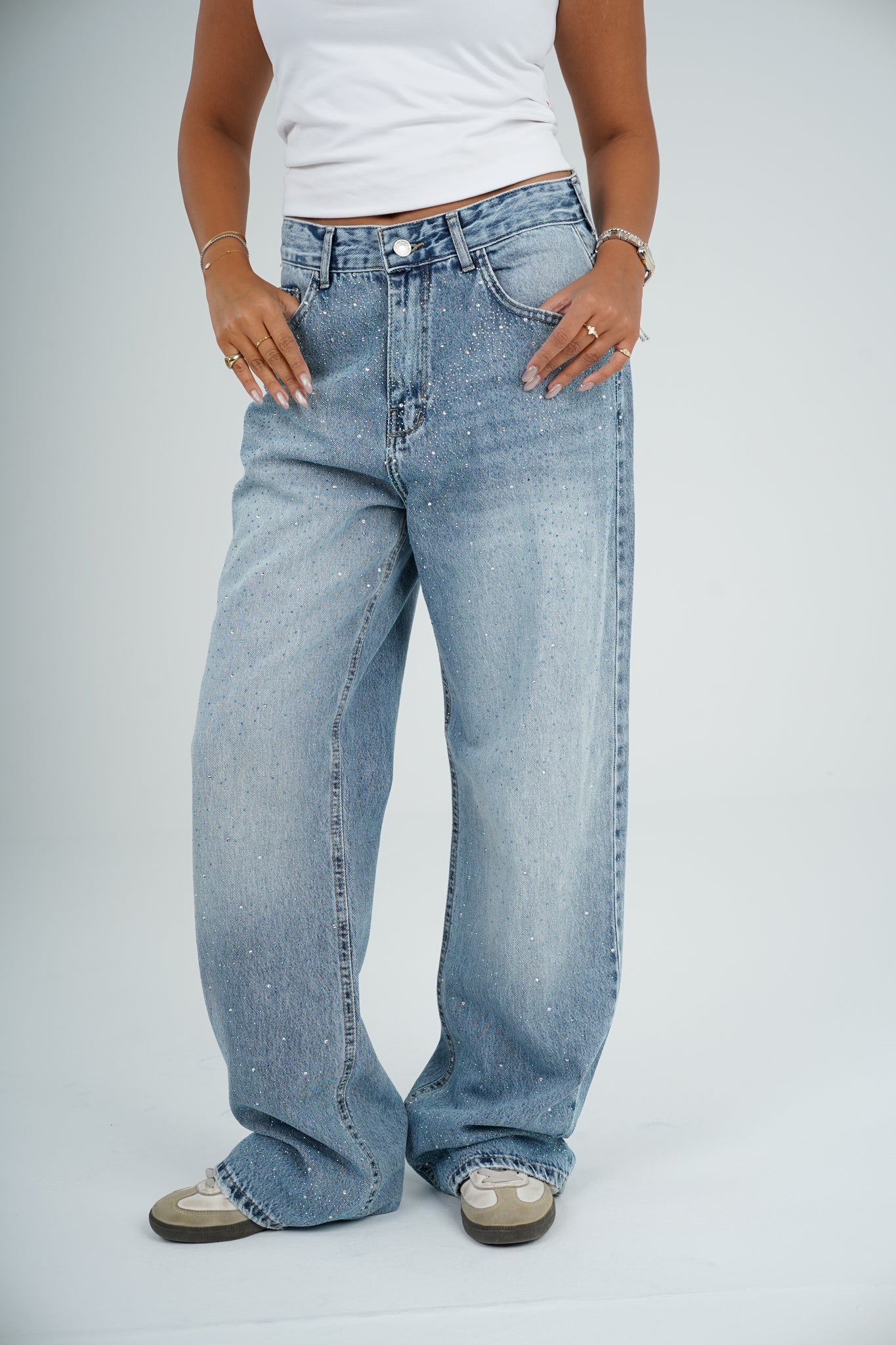 Strass wide leg jeans light blue