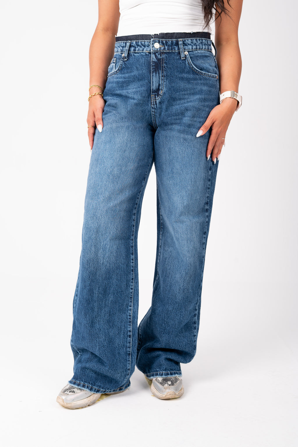 Wide Leg Jeans with Exposed Inner Waistband dark blue