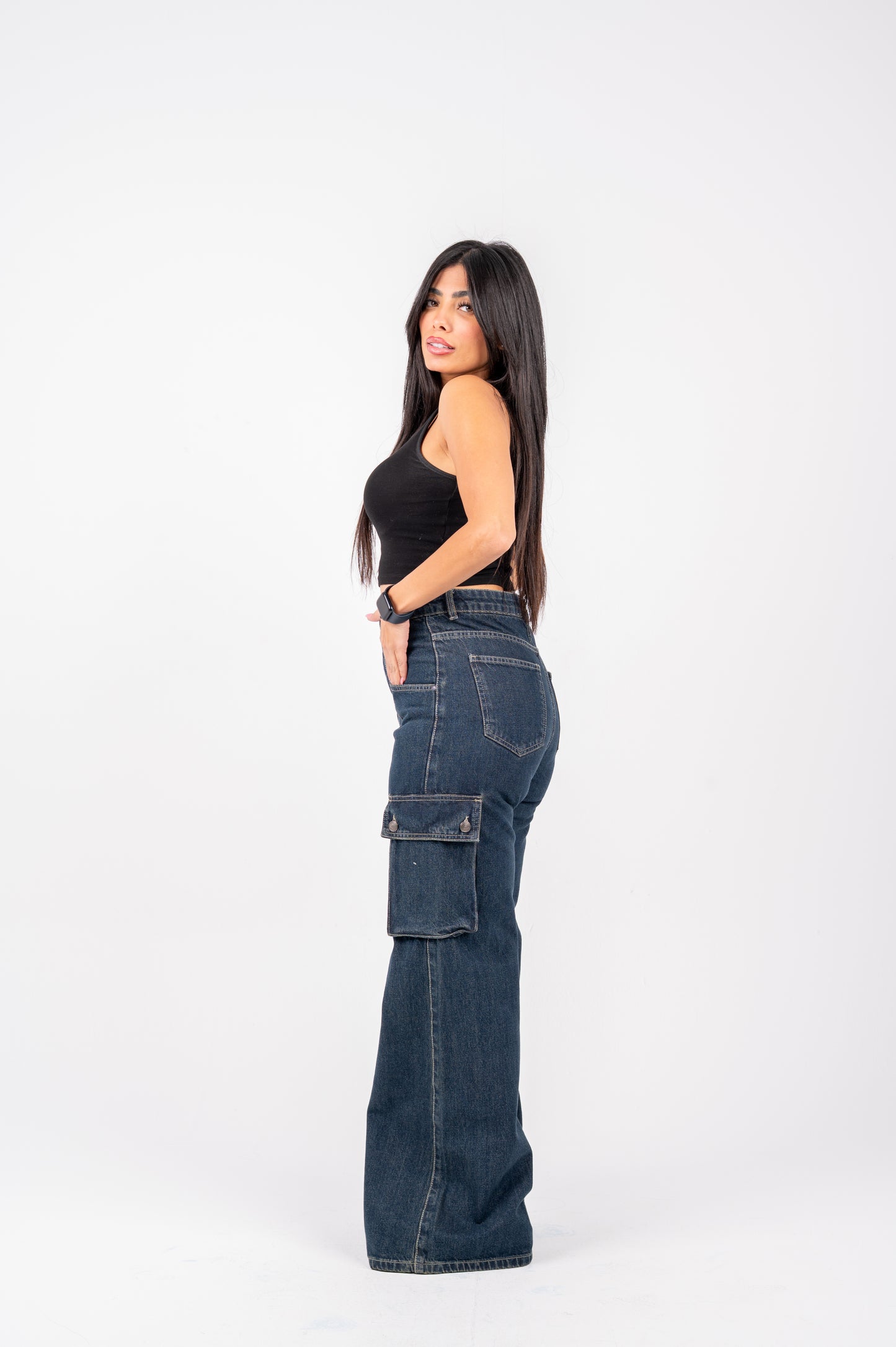 High waist cargo jeans dark blue