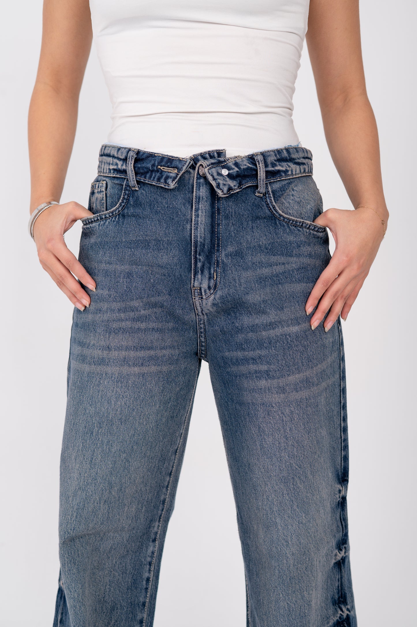Folded waist wide leg jeans dark blue
