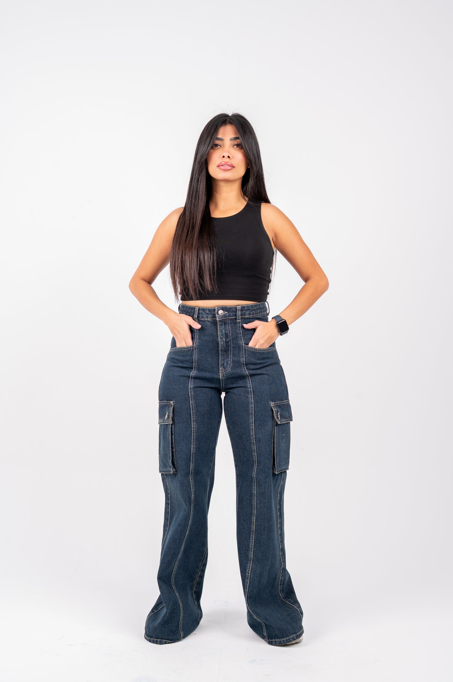 High waist cargo jeans dark blue