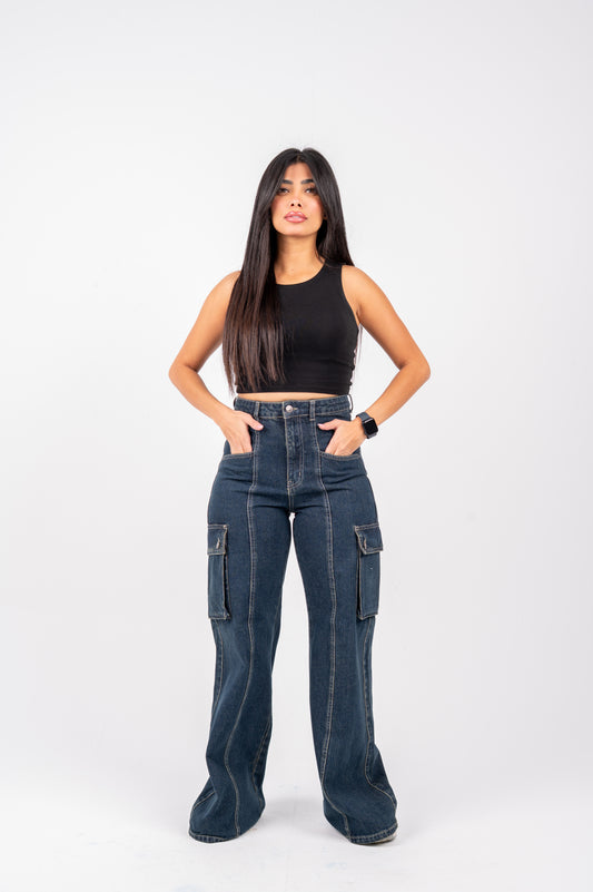 High waist cargo jeans dark blue