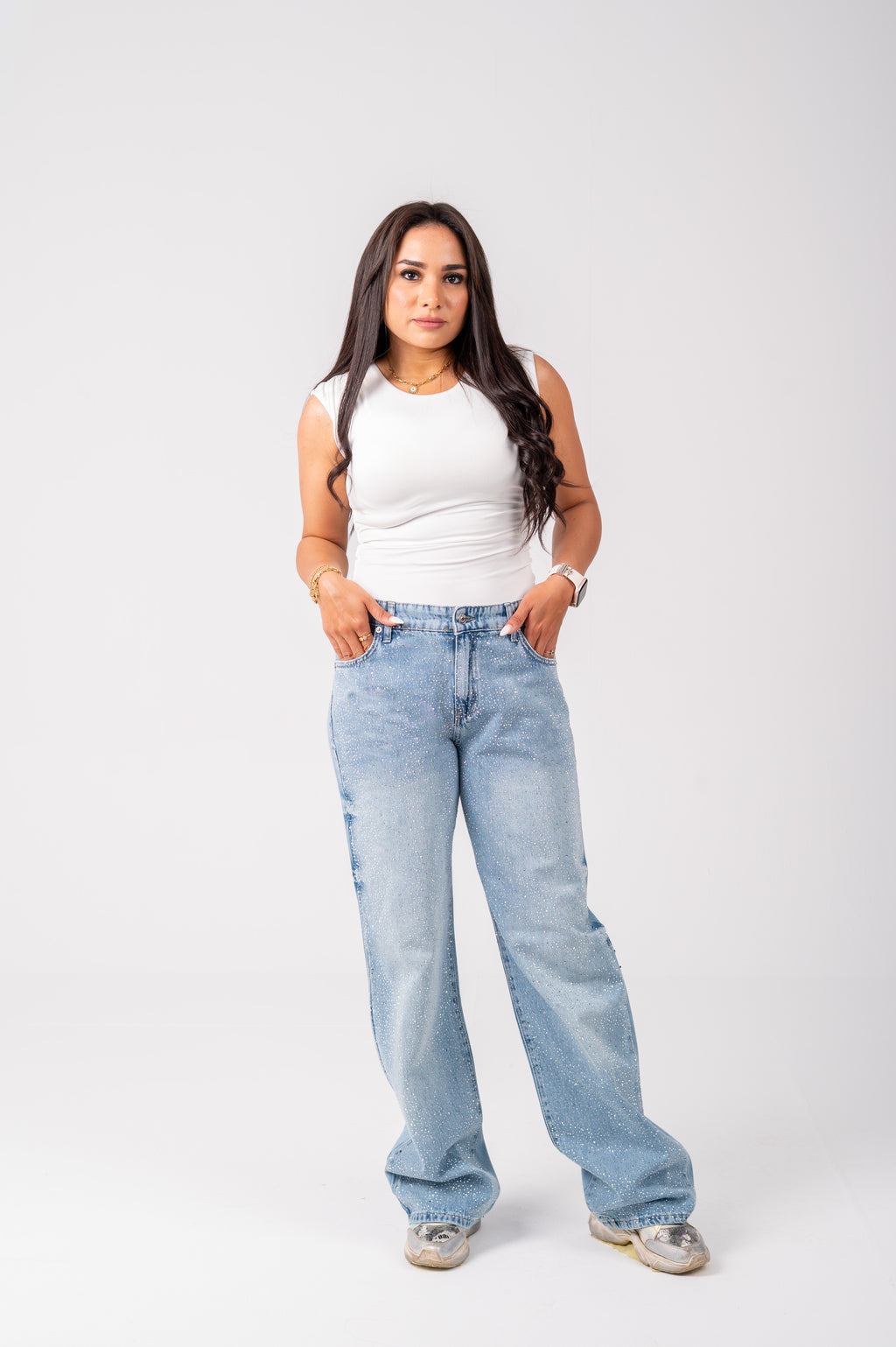 Wide leg Strass jeans with a back studded light blue