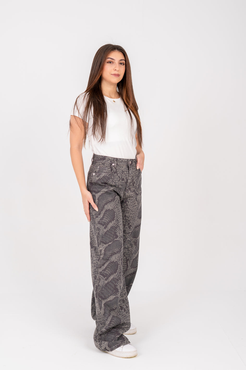Snake Print Wide-Leg Jeans beige