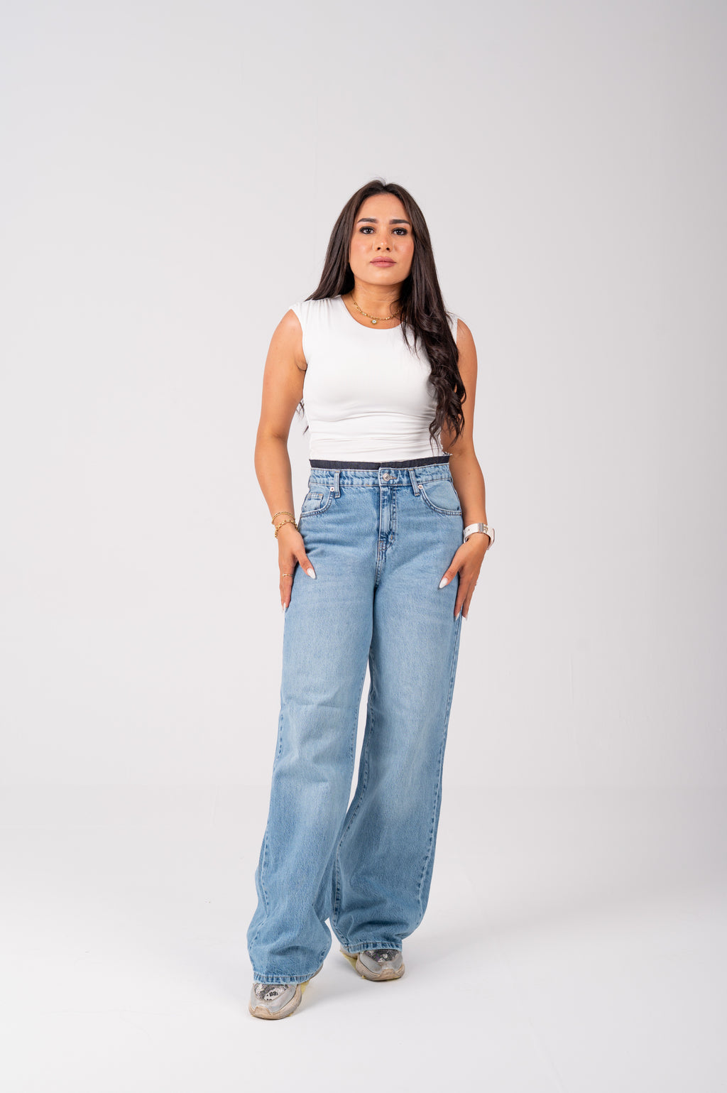 Wide Leg Jeans with Exposed Inner Waistband light blue