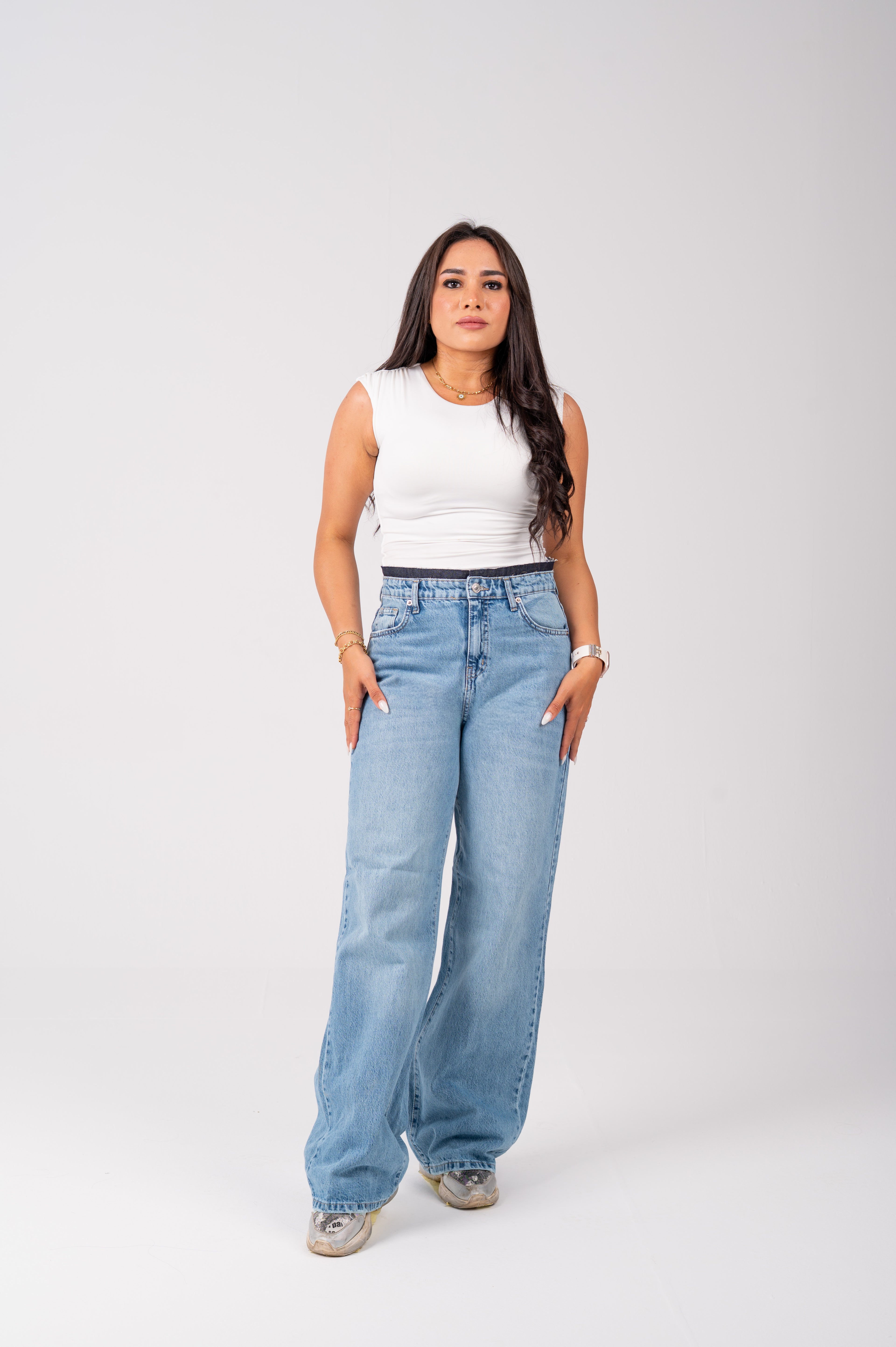 Wide Leg Jeans with Exposed Inner Waistband light blue
