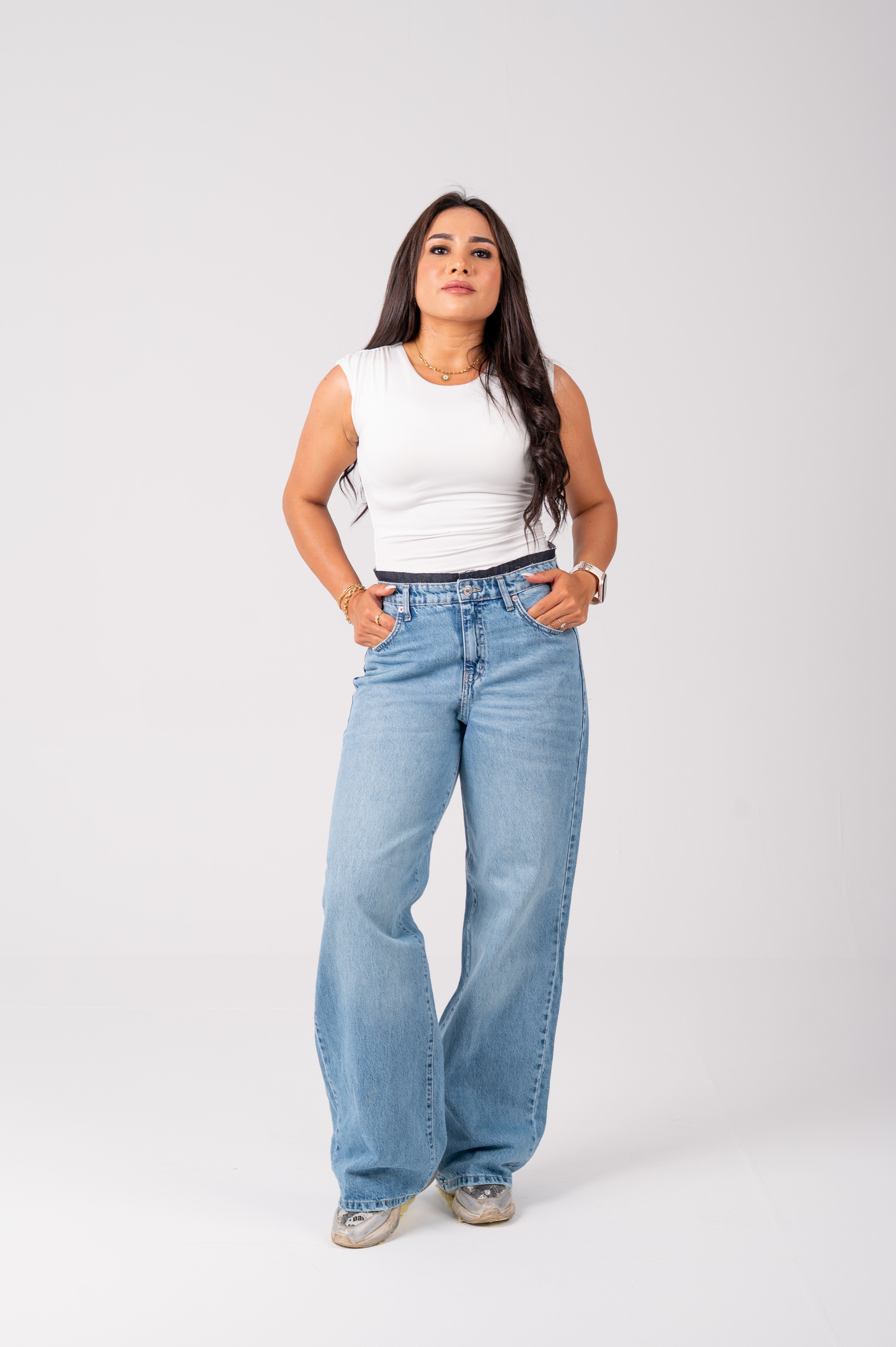 Wide Leg Jeans with Exposed Inner Waistband light blue
