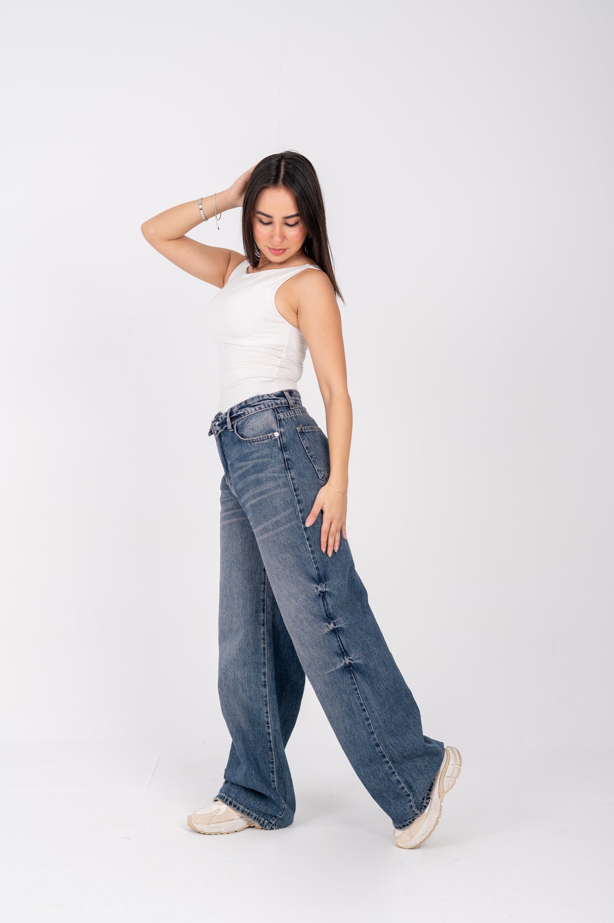 Folded waist wide leg jeans dark blue