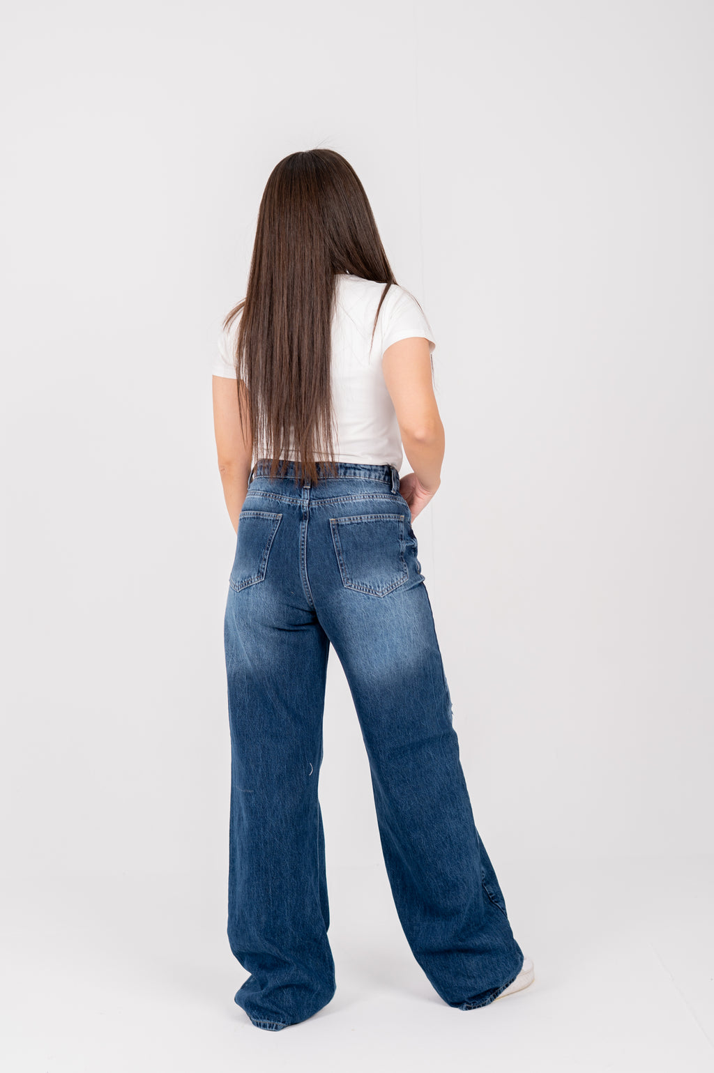 Wide leg covered-cutting jeans dark blue