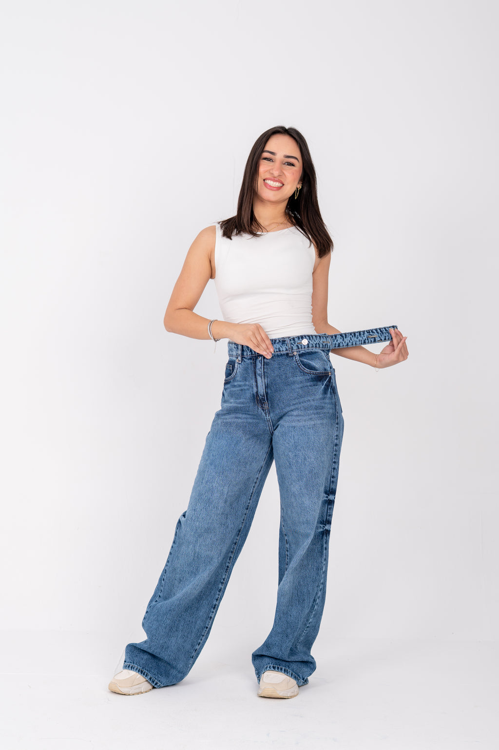 Wide leg jeans with attached belt dark blue