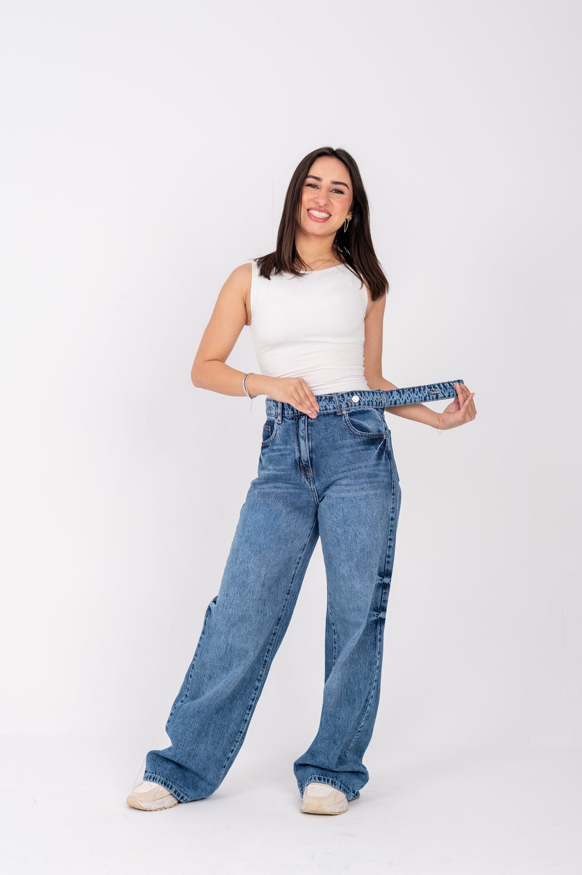 Wide leg jeans with attached belt dark blue