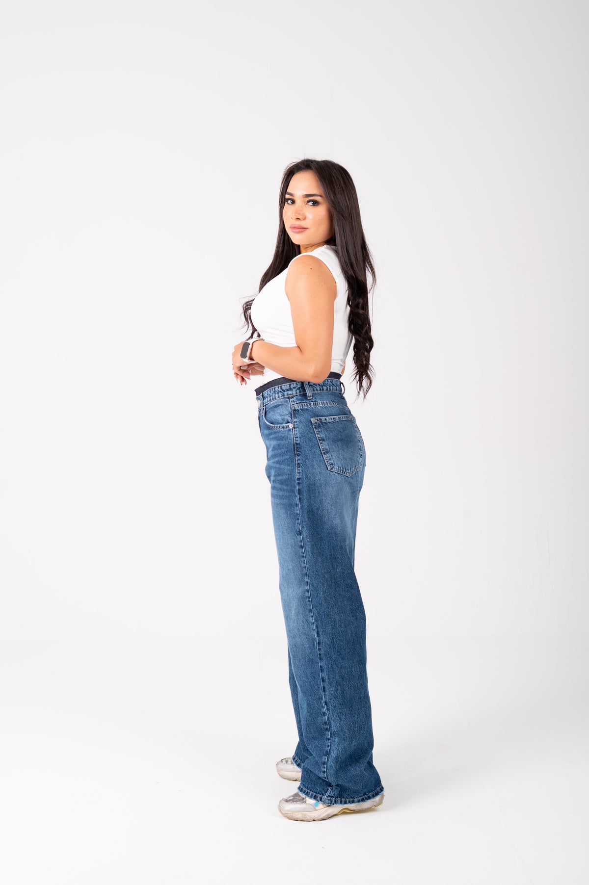Wide Leg Jeans with Exposed Inner Waistband dark blue