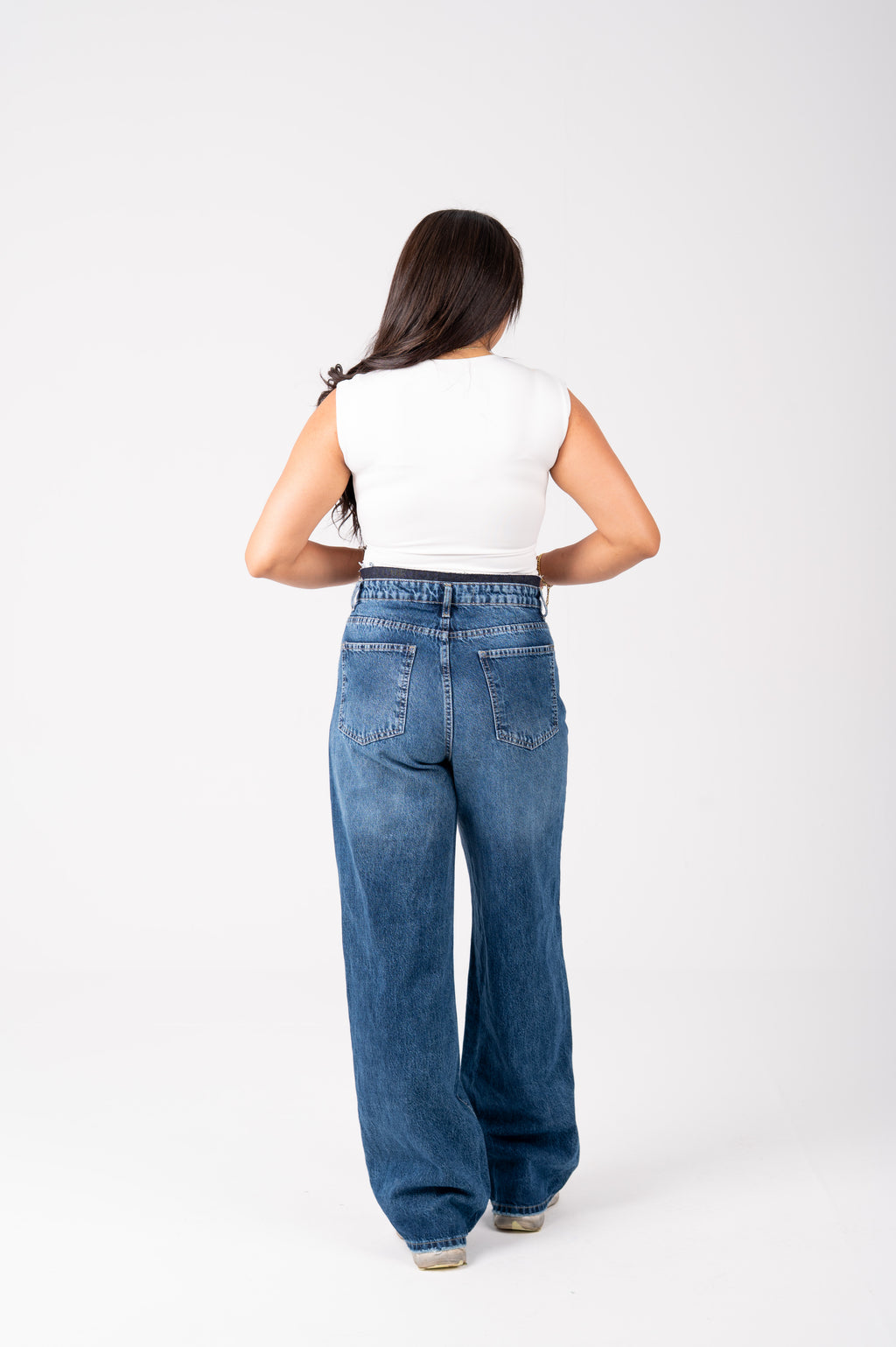 Wide Leg Jeans with Exposed Inner Waistband dark blue