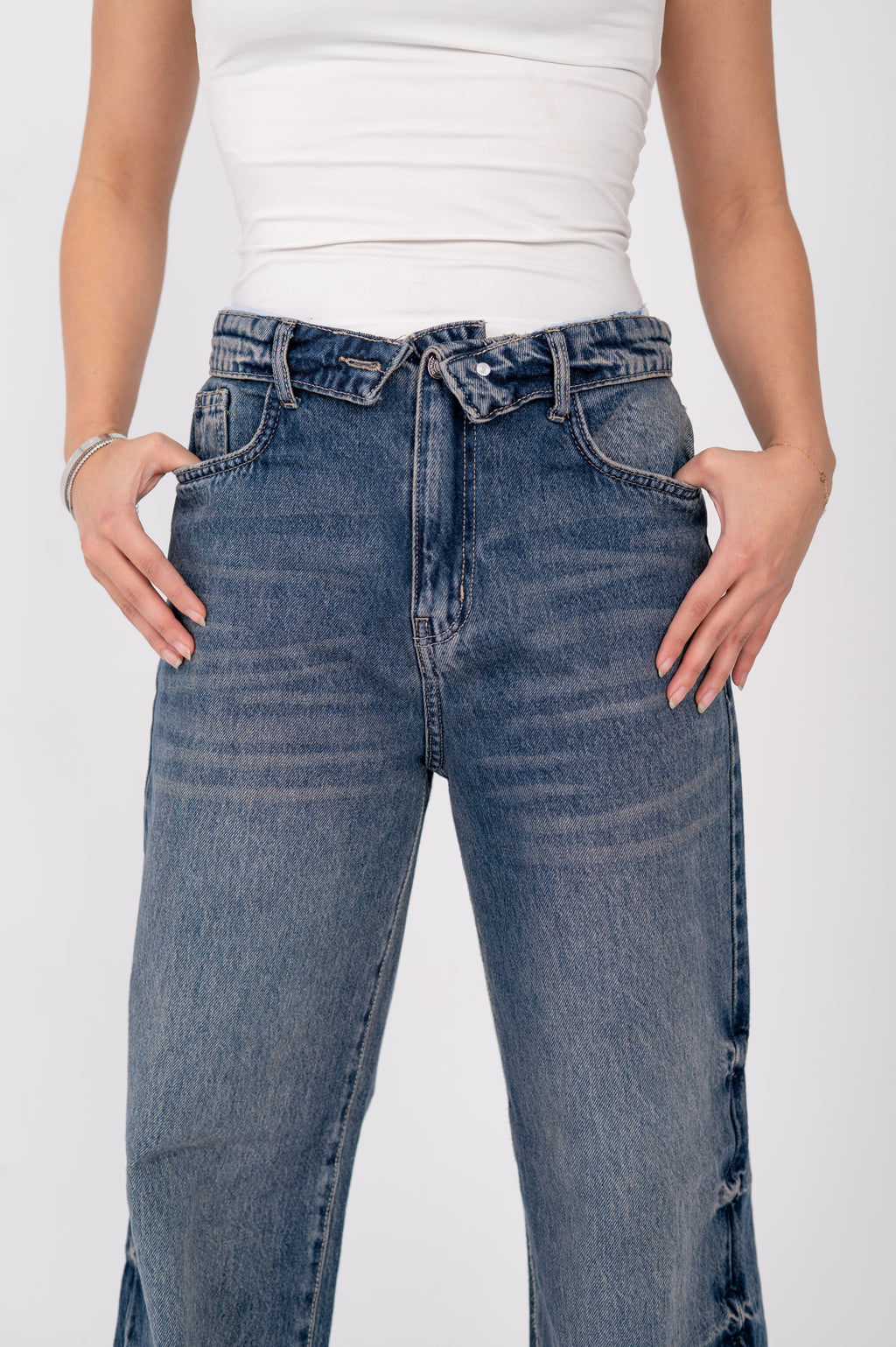 Folded waist wide leg jeans dark blue