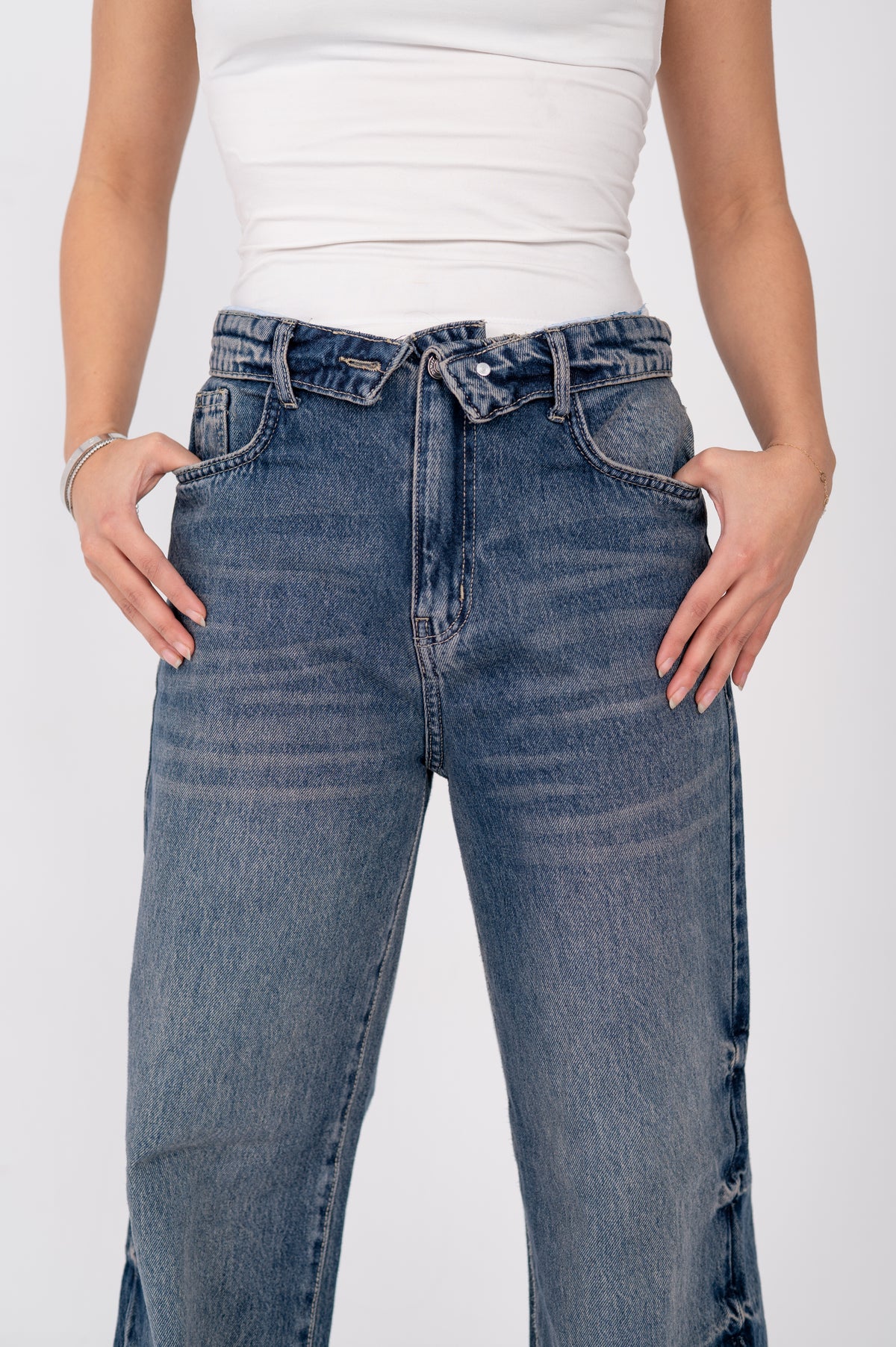 Folded waist wide leg jeans dark blue