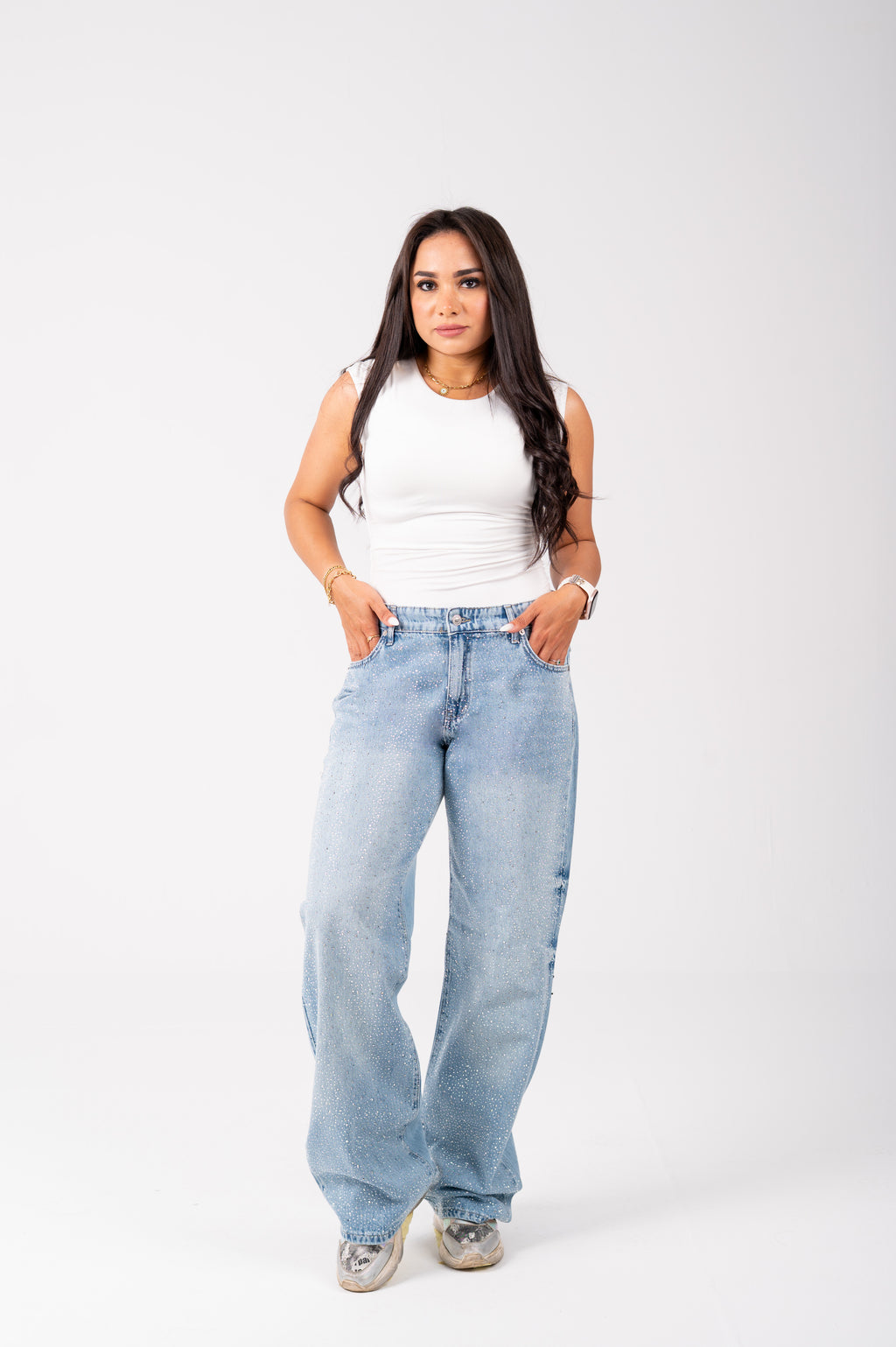 Wide leg Strass jeans with a back studded light blue