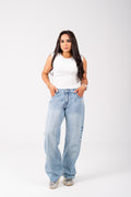Wide leg Strass jeans with a back studded light blue
