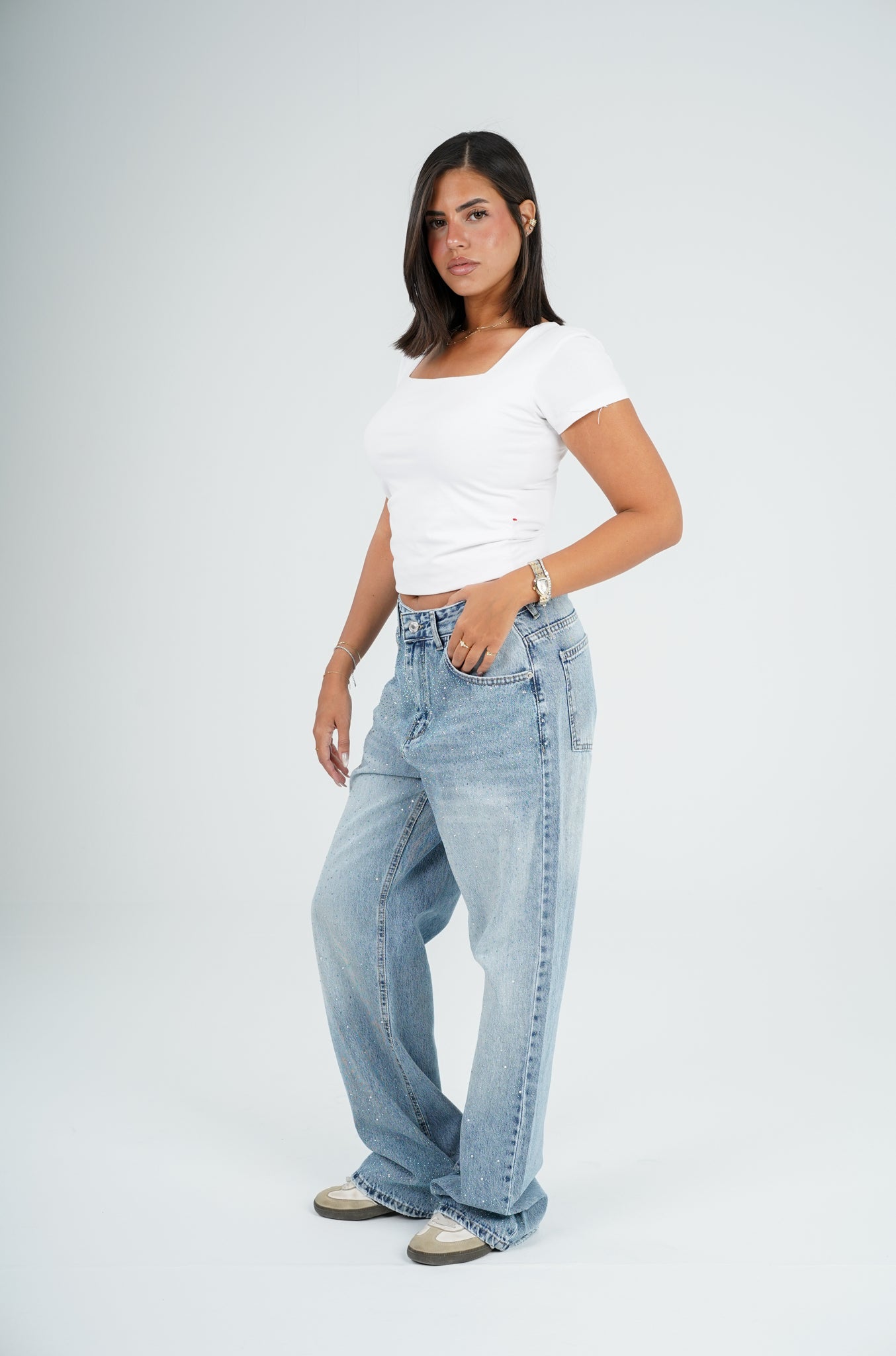 Strass wide leg jeans light blue
