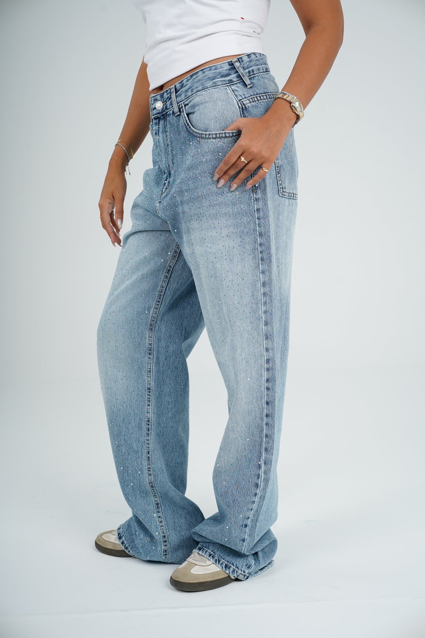 Strass wide leg jeans light blue