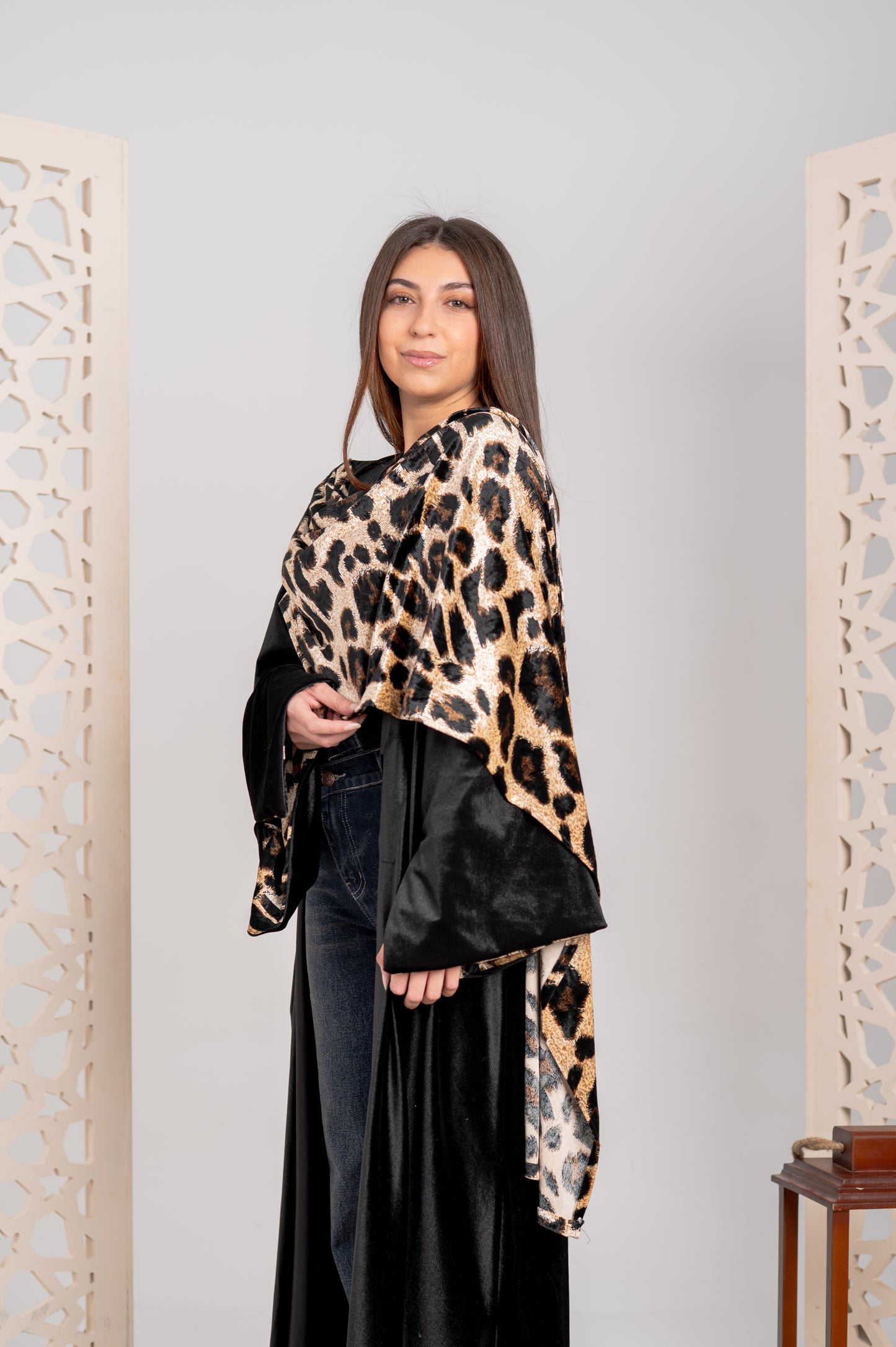 Velvet Long Cardigan with Tiger Scarf
