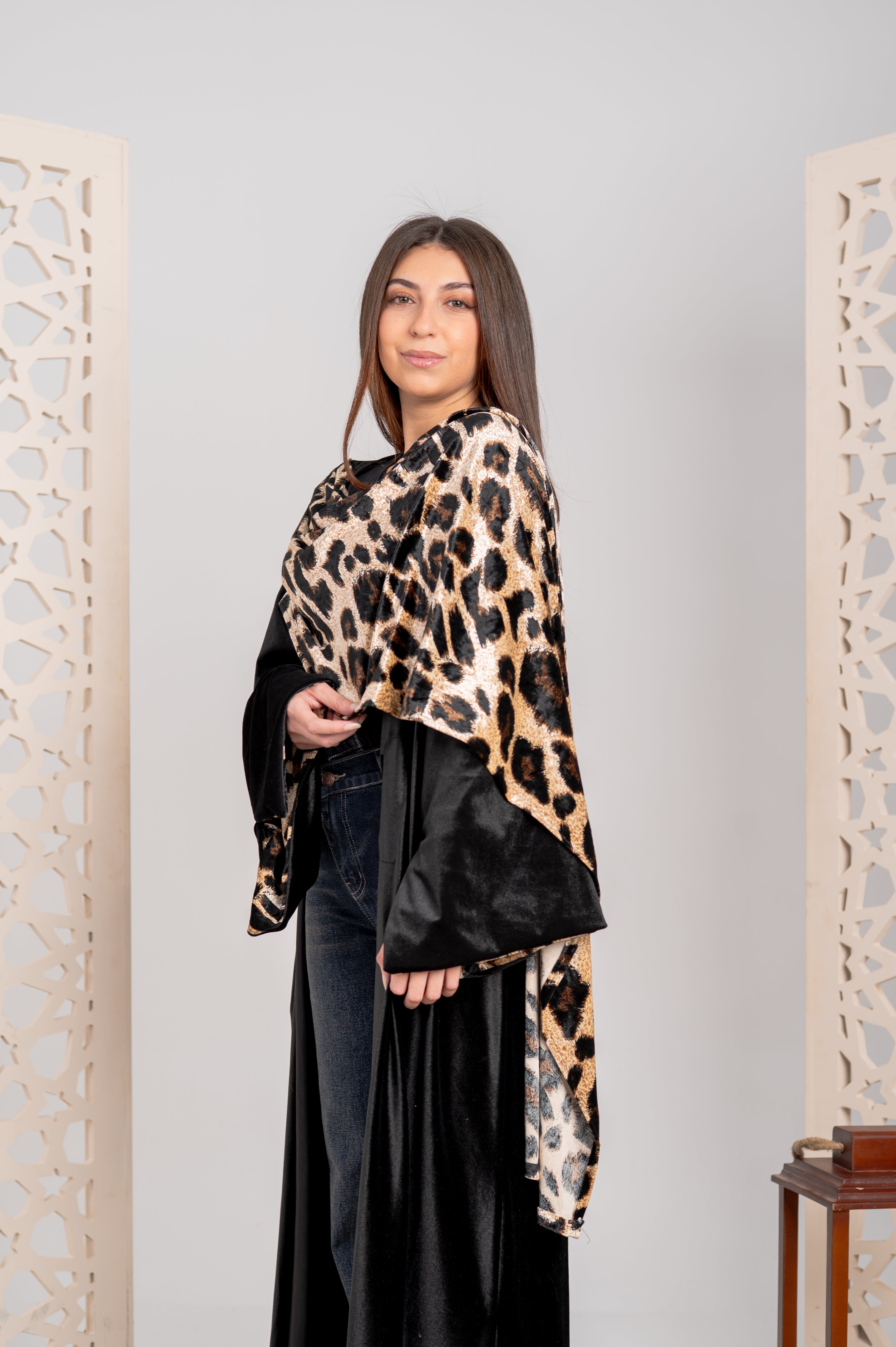 Velvet Long Cardigan with Tiger Scarf