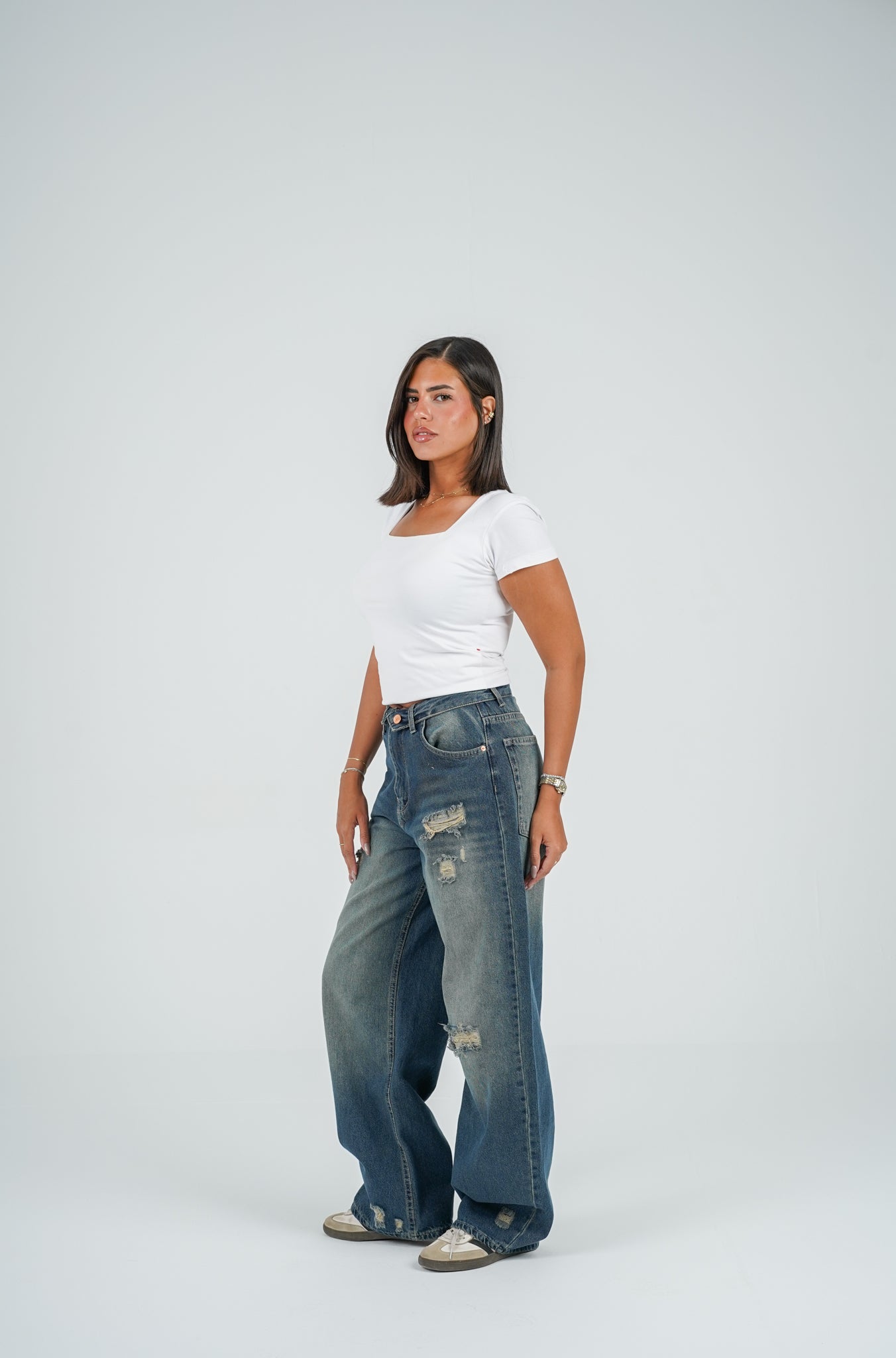 Folded waist barrel jeans vintage washed