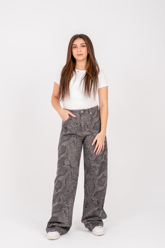 Snake Print Wide-Leg Jeans beige