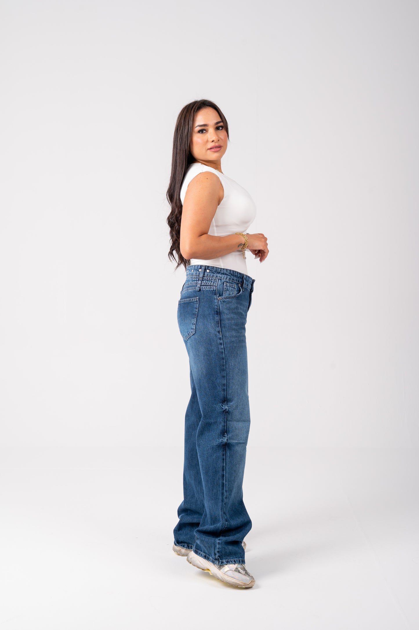 Wide leg jeans with back studded dark blue