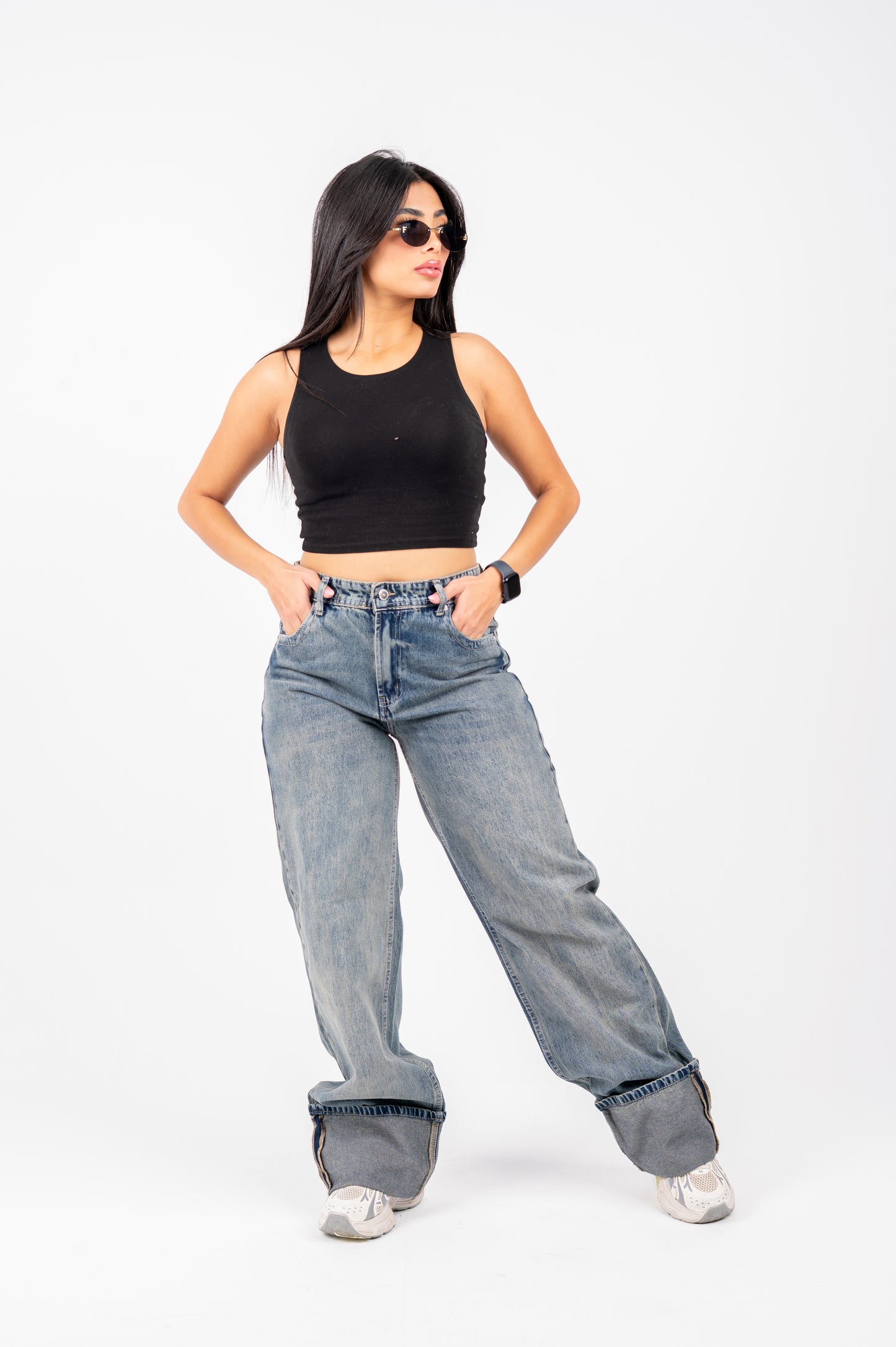 Cuffed wide leg jeans light blue