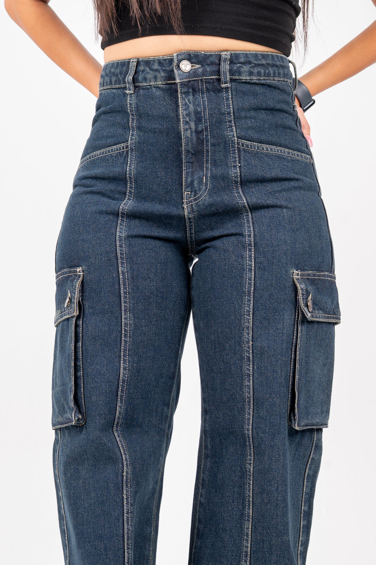 High waist cargo jeans dark blue