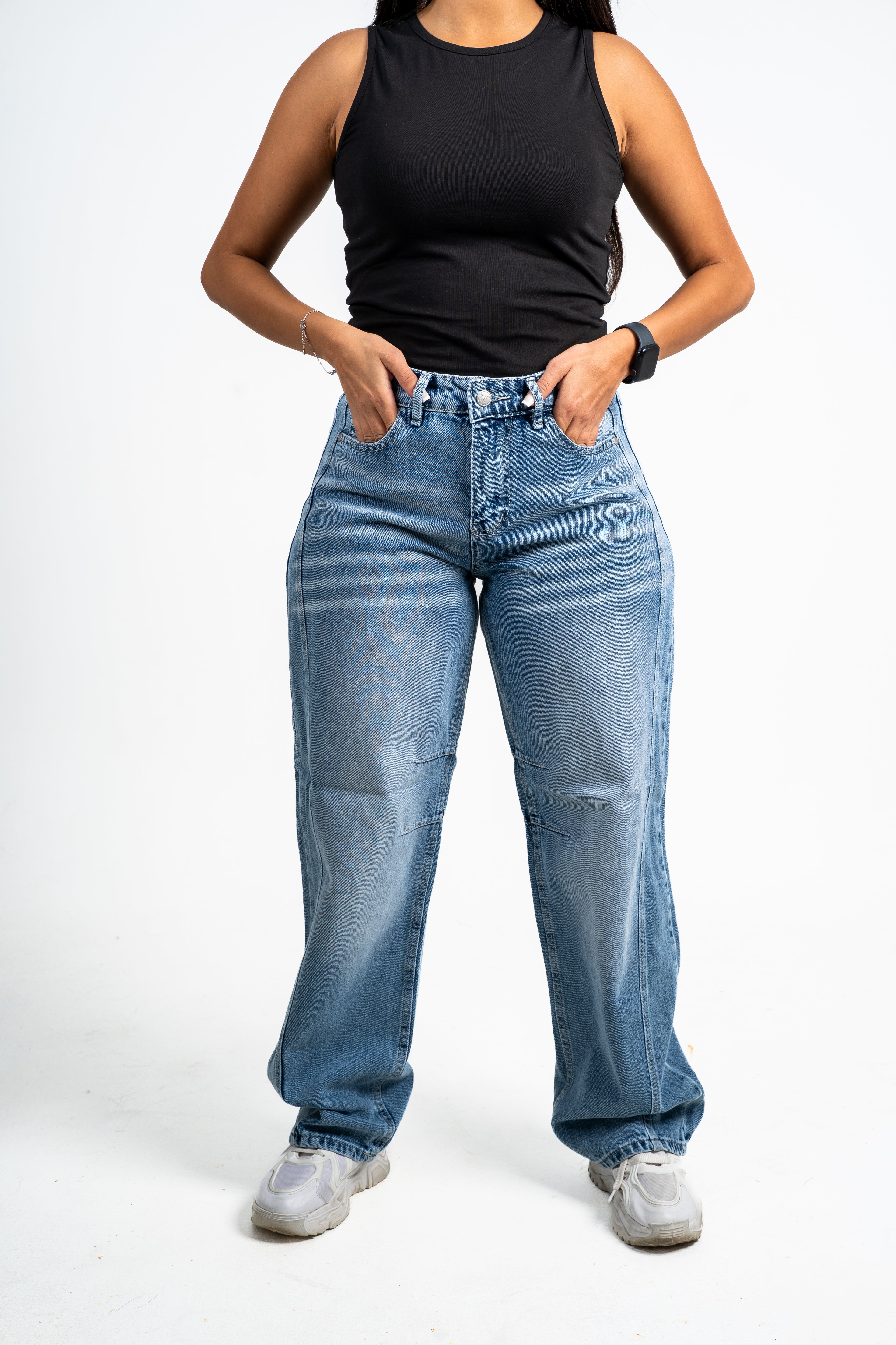 Balloon jeans mid blue washed