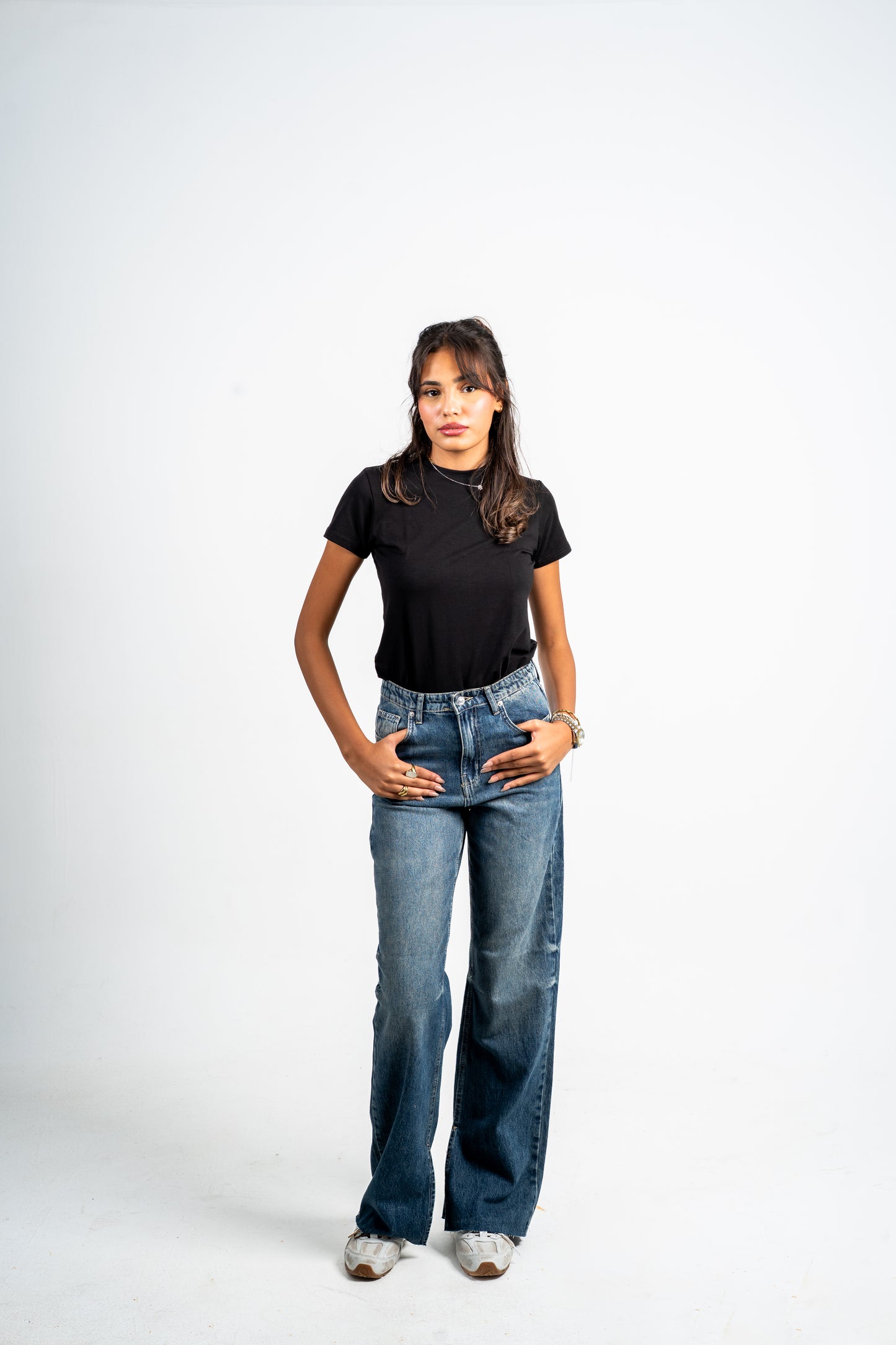 Side slit straight jeans navy washed