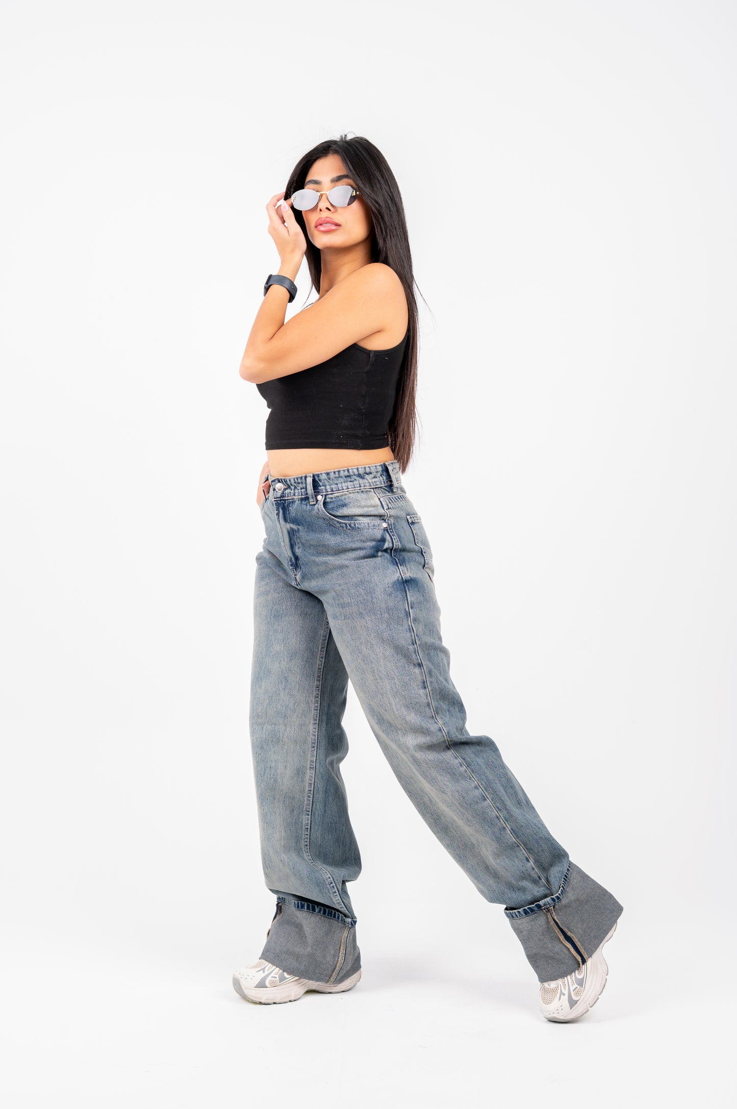 Cuffed wide leg jeans light blue