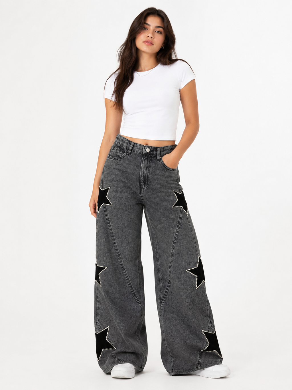 Side stars embroidery Jeans dark Gray