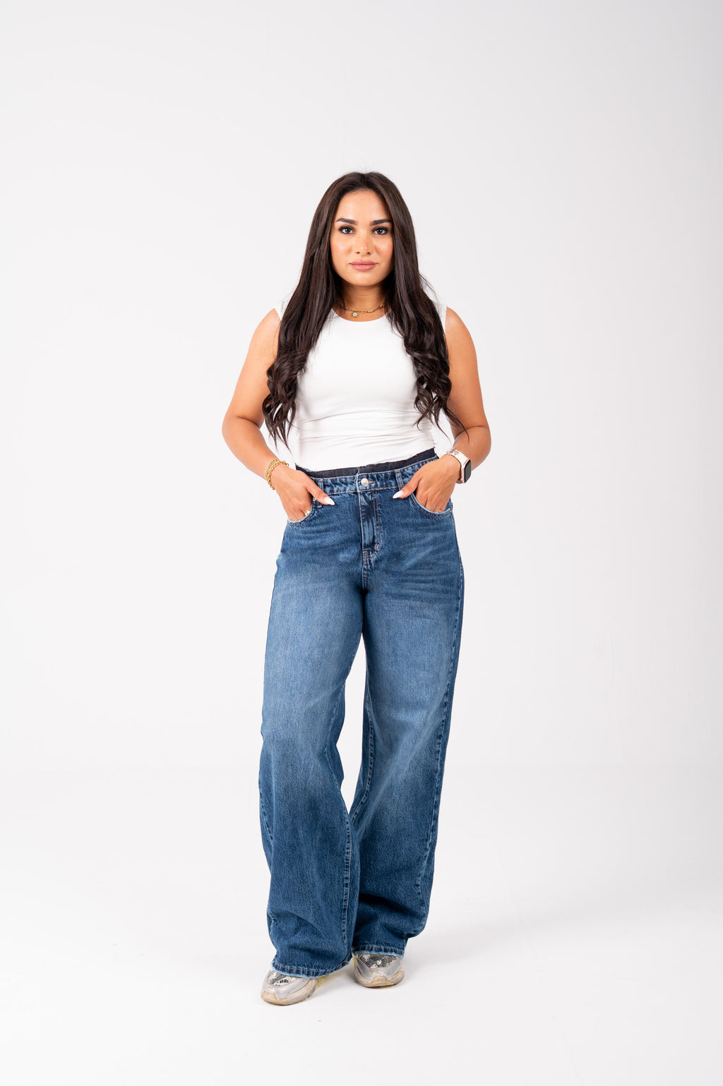 Wide Leg Jeans with Exposed Inner Waistband dark blue