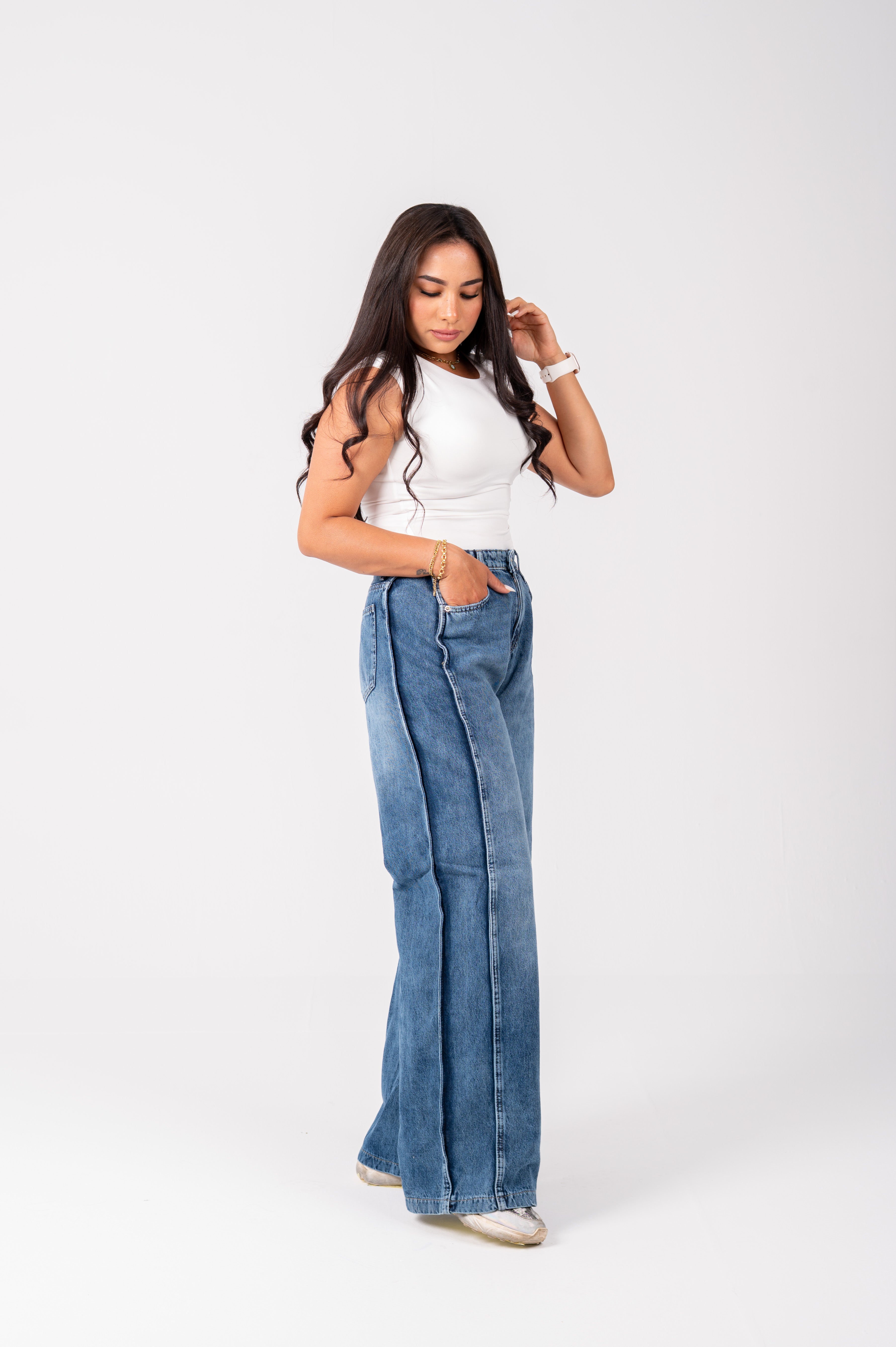 Side panel wide leg jeans dark blue