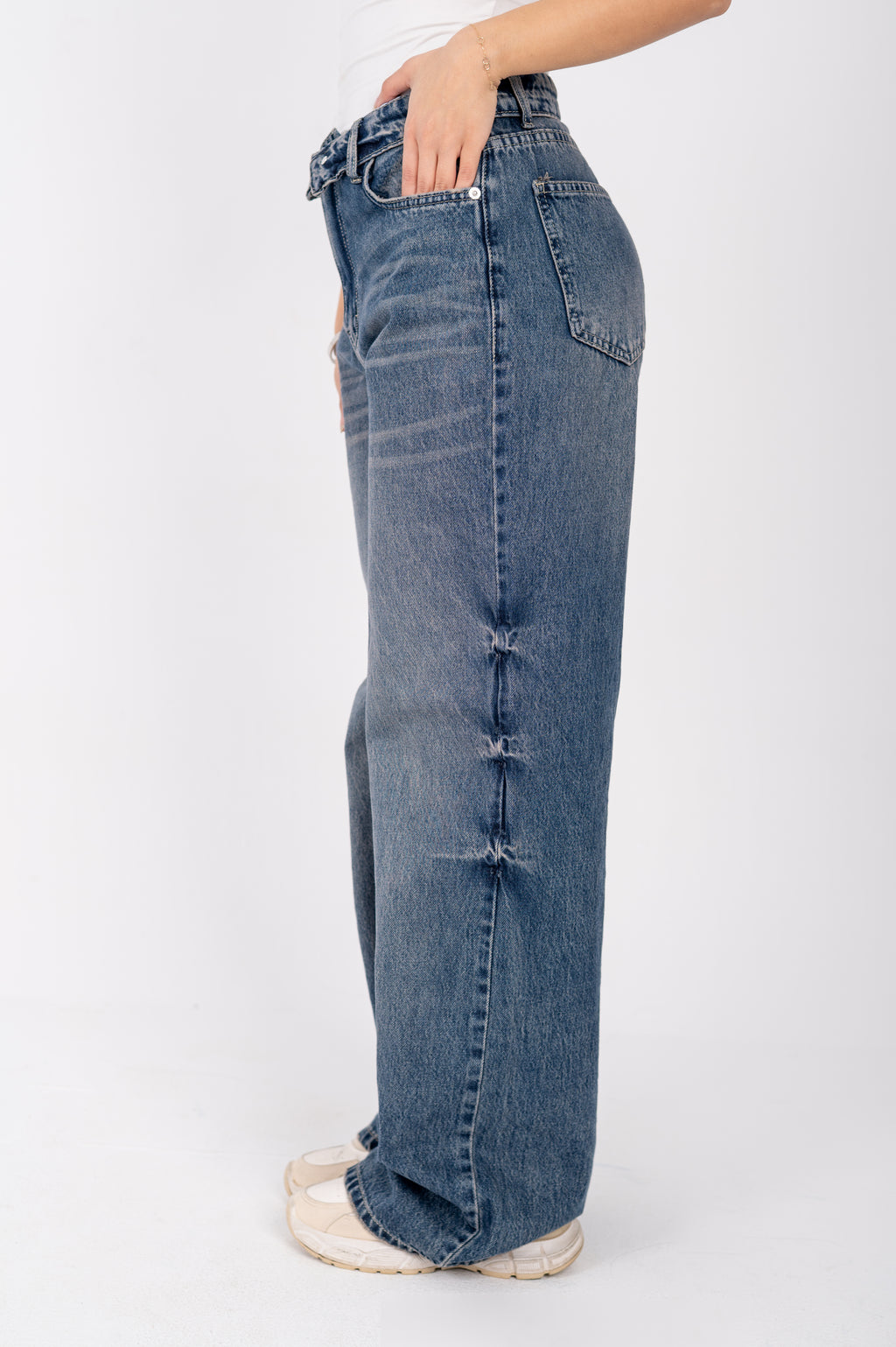 Folded waist wide leg jeans dark blue