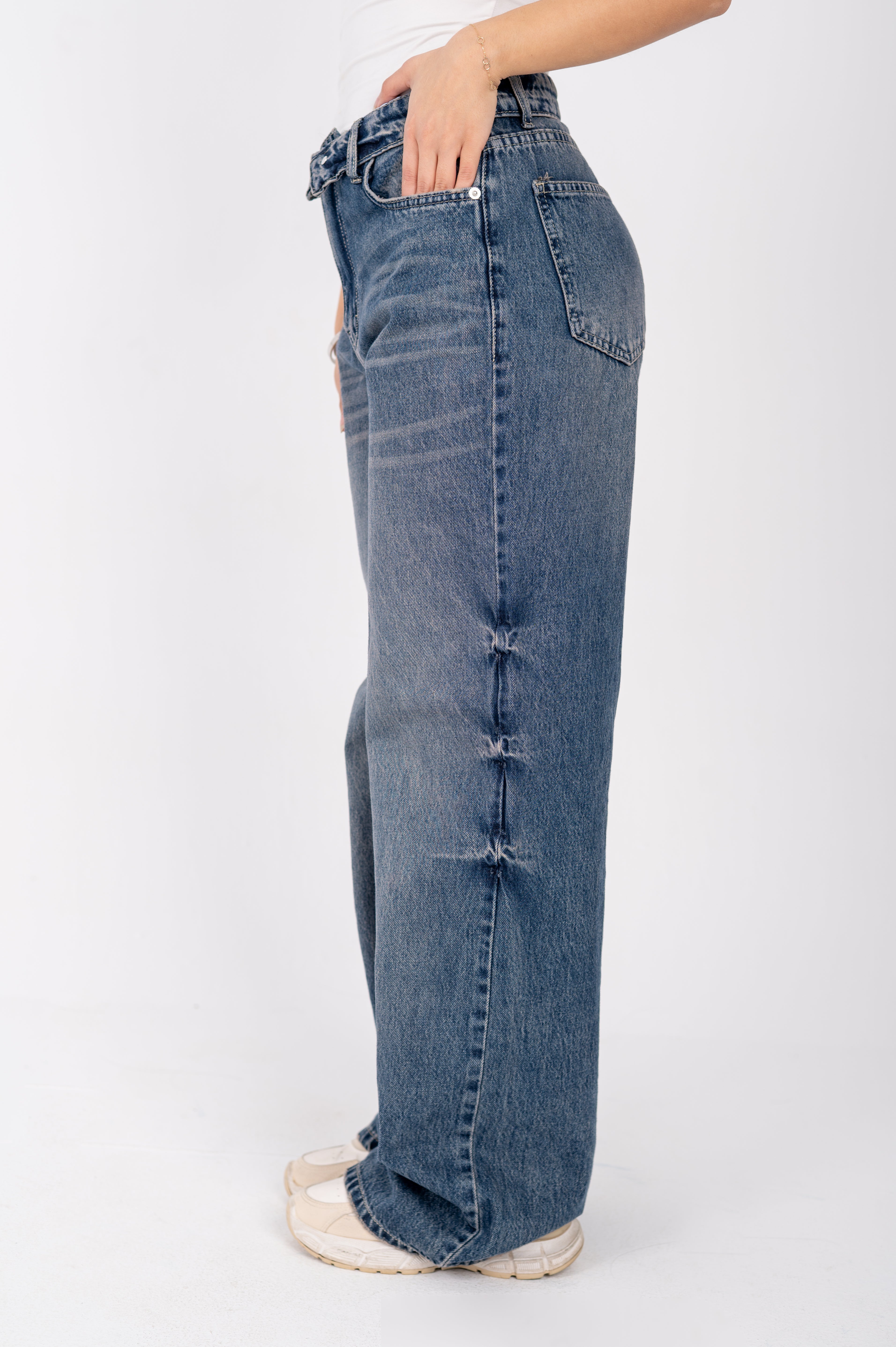 Folded waist wide leg jeans dark blue