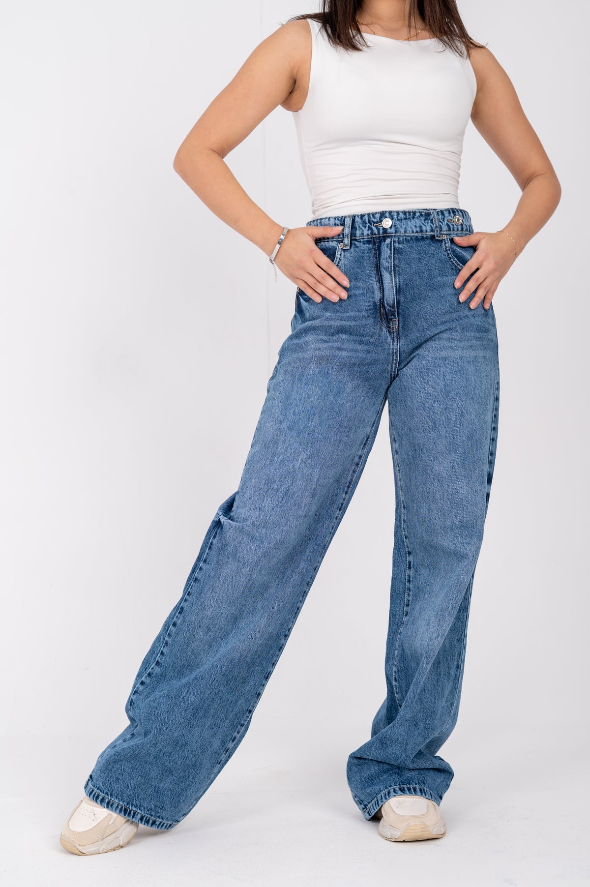Wide leg jeans with attached belt dark blue