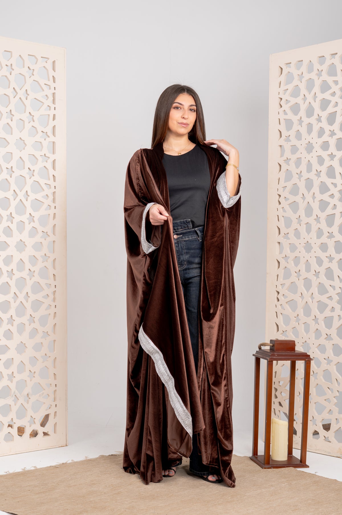 Chocolate Velvet Open Cardigan with Silver Trim & Matching Scarf