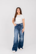 Wide leg covered-cutting jeans dark blue
