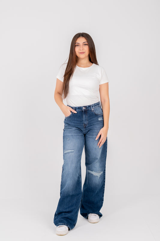 Wide leg covered-cutting jeans dark blue