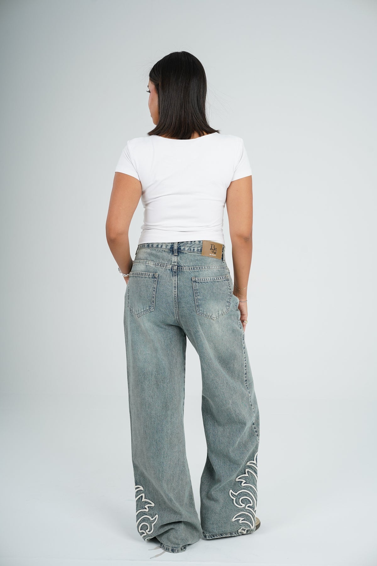Wide leg down embroidery light Gray